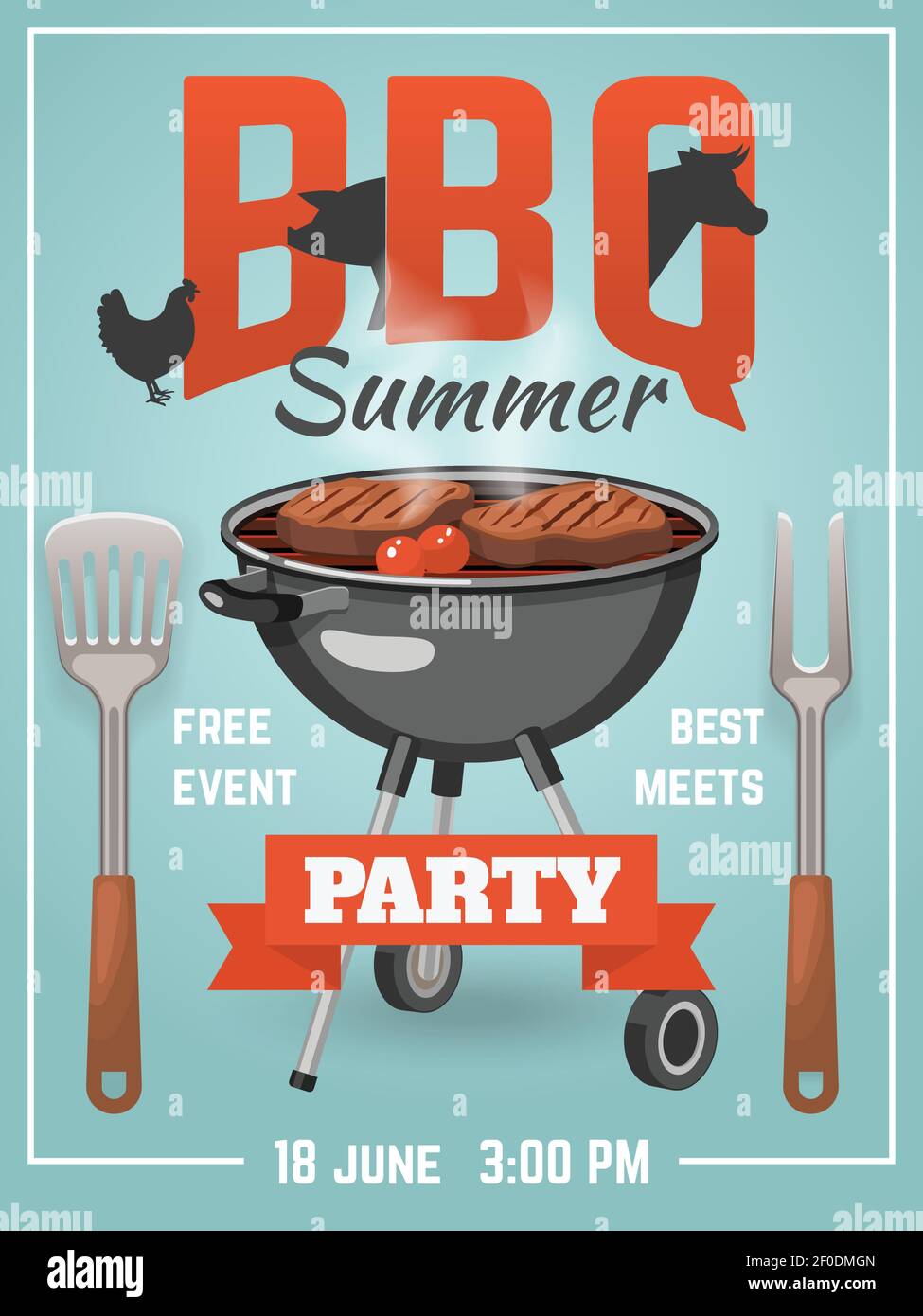 Grill Event Party Poster mit Grill Grill Gabel und wender-Symbole und editierbare Datumsvektordarstellung Stock Vektor