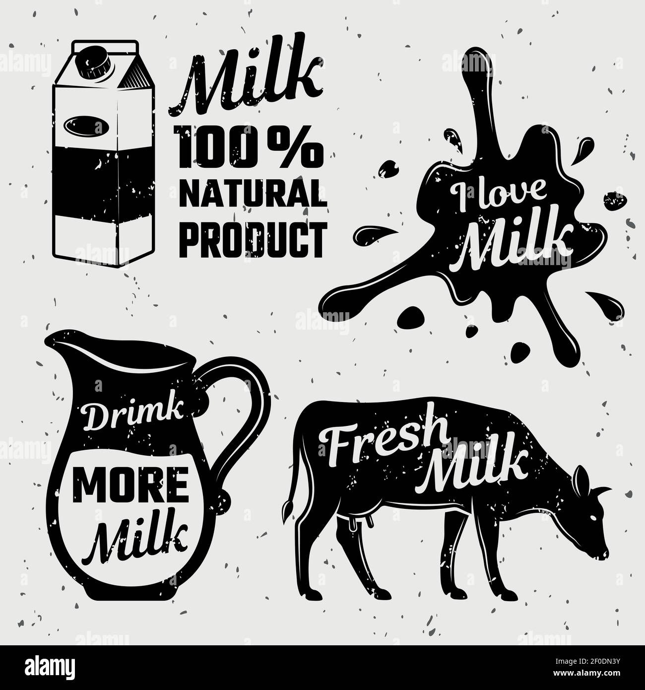 Zitate über Milch einfarbig set mit typografischen Schriftzügen Kuh und