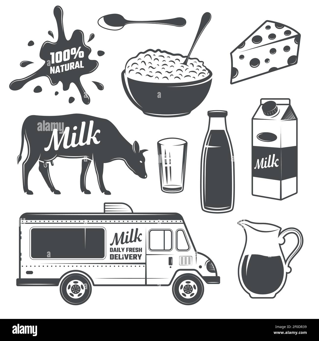 Milch monochrome Elemente Set mit Kuh-und Milchprodukte Verpackung Und Transport Splash isolierte Vektor-Illustration Stock Vektor