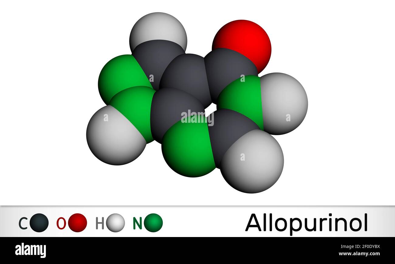 Allopurinol-Molekül. Medikament ist Xanthinoxidase-Hemmer, verwendet, um hohe Harnsäurespiegel im Blut zu senken. Molekularmodell. 3D Rendern. 3D Abbildung Stockfoto