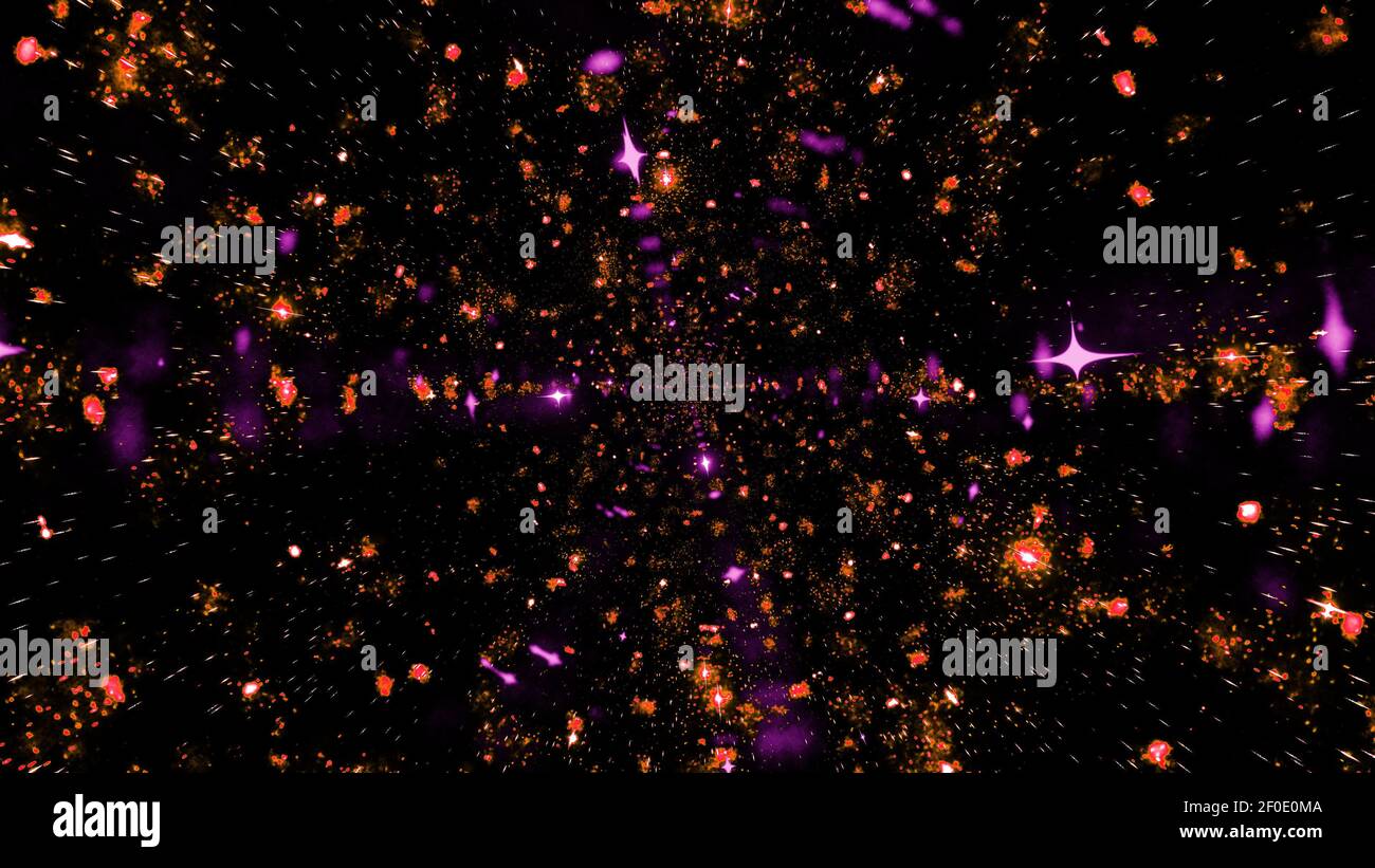 3D Illustration von hellen chaotischen Lichtern auf schwarzem Hintergrund Stockfoto