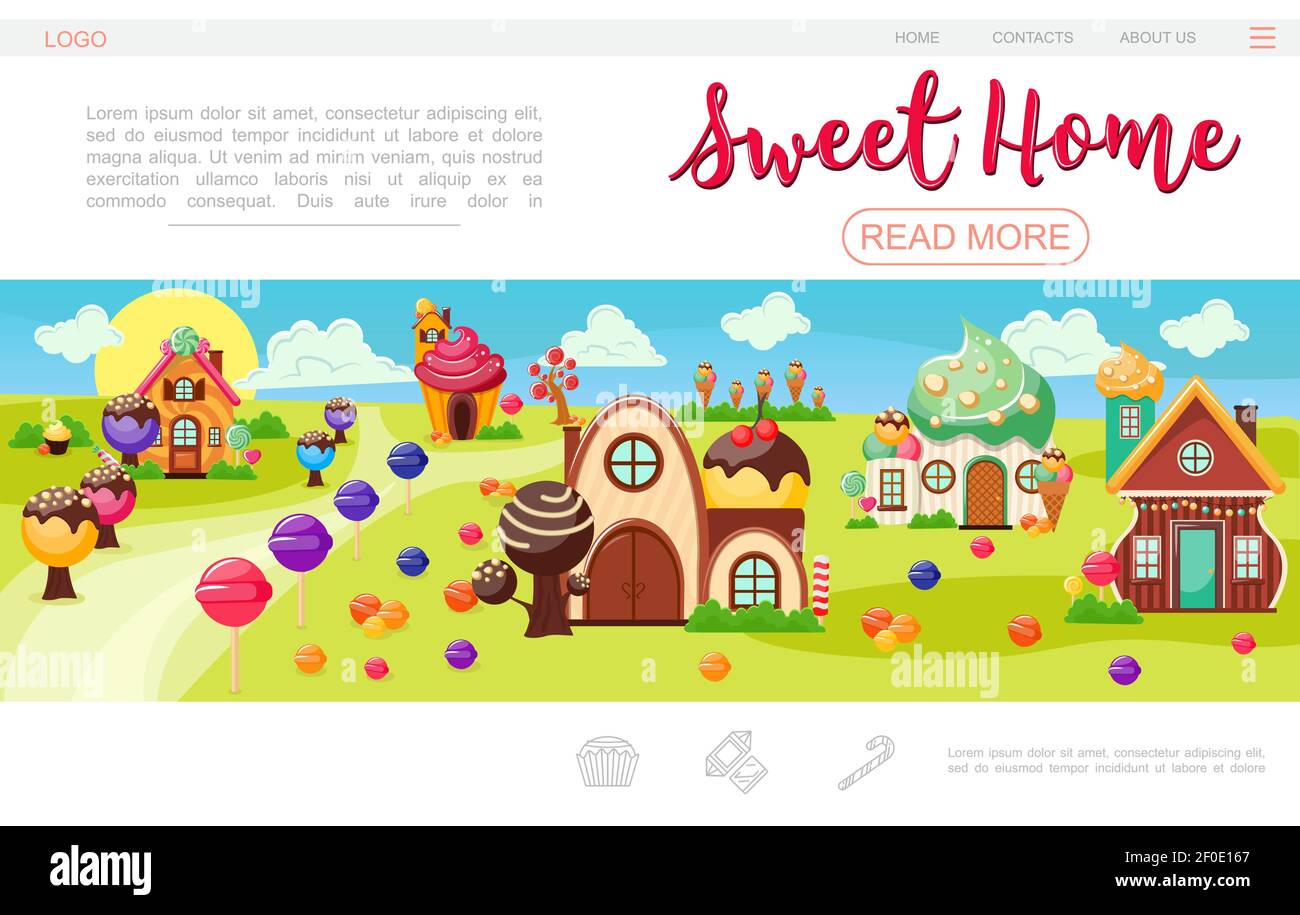 Flache süße Dorf Web-Seite Vorlage mit Lollipop Eis Bäume Bunte Häuser von Schlagsahne Kuchen und Schokolade Vektor-Illustration Stock Vektor
