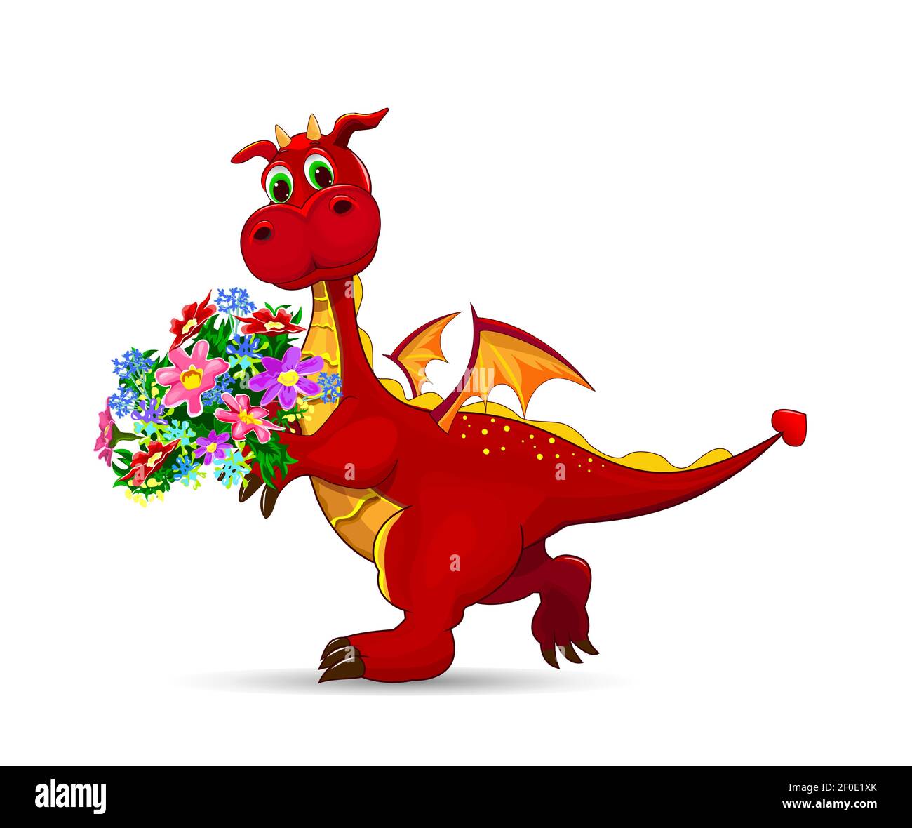 Roter Cartoon Drache mit Blumen auf weißem Hintergrund. Stock Vektor