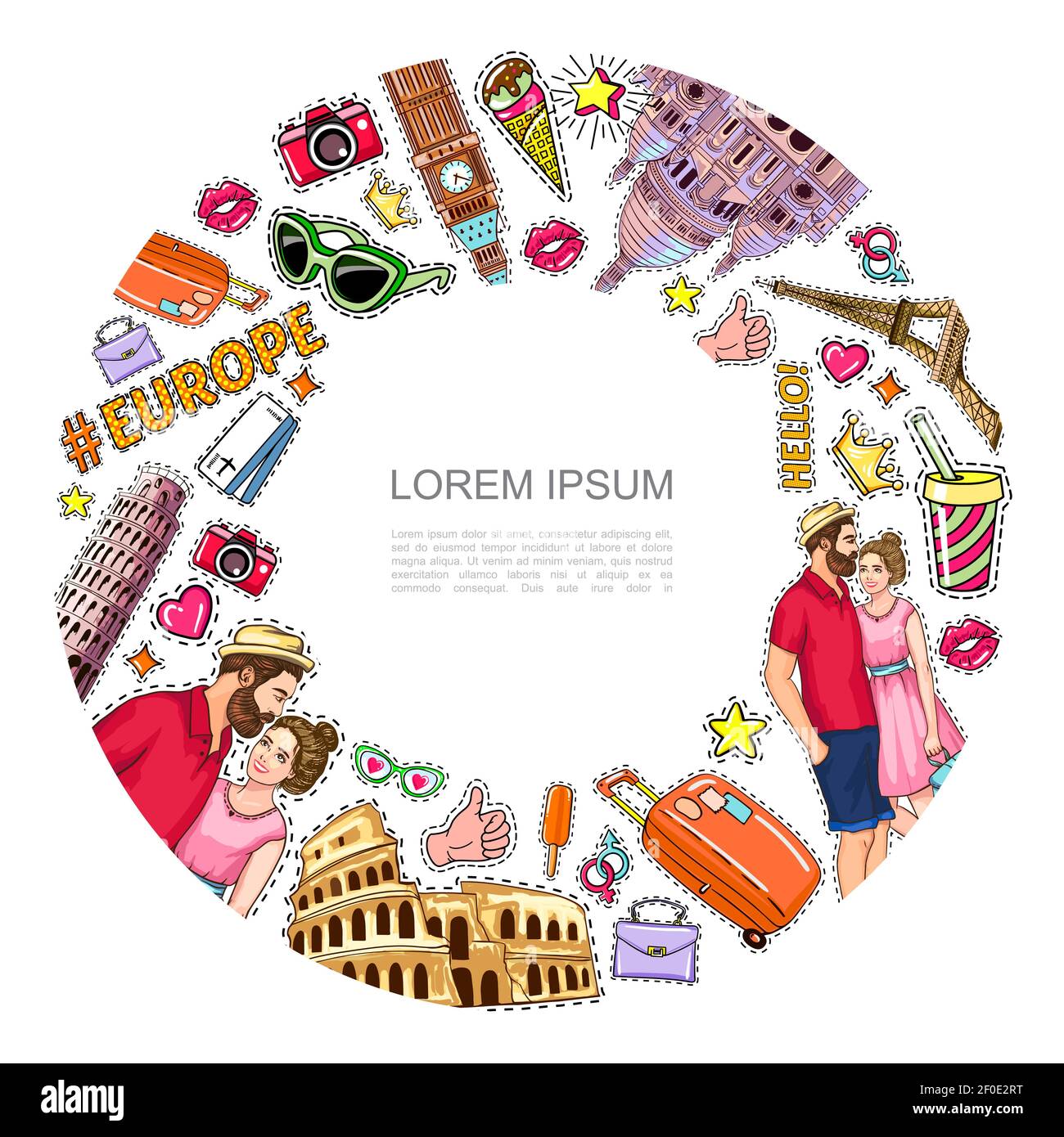Pop Art Reise Patches rund Konzept mit berühmten Sehenswürdigkeiten Paar Kamera Tickets Brillen Tasche Eis Soda Herz Krone Aufkleber vektorgrafik Stock Vektor