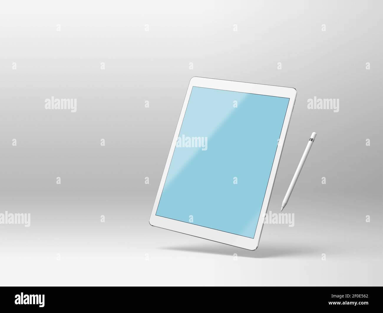 Modell eines Tablet-Computers auf weißem Hintergrund mit Stylus Stockfoto