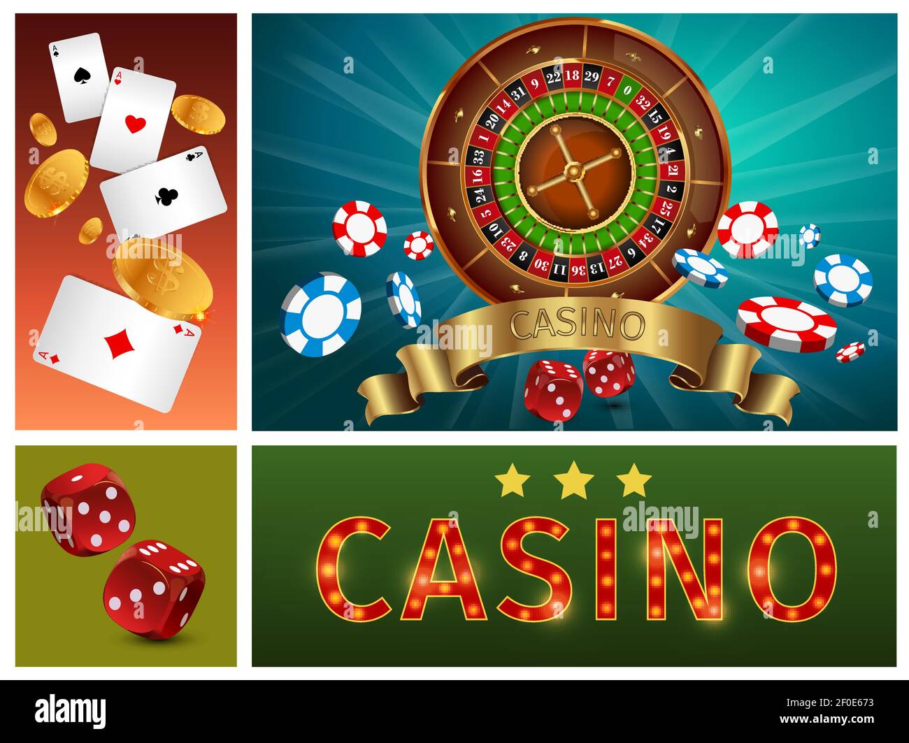 Realistische Casino helle Komposition mit Glücksspiel Roulette Poker Chips Karten Goldmünzen und Würfel Vektor-Illustration Stock Vektor