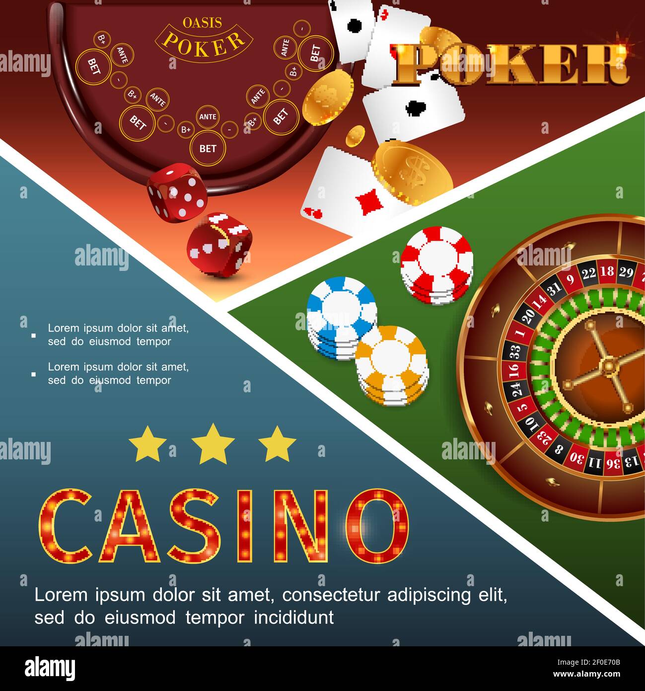 Realistisches Casino buntes Konzept mit Pokertisch Roulette Chips Würfel Spielkarten Gold Münzen Vektor Illustration Stock Vektor