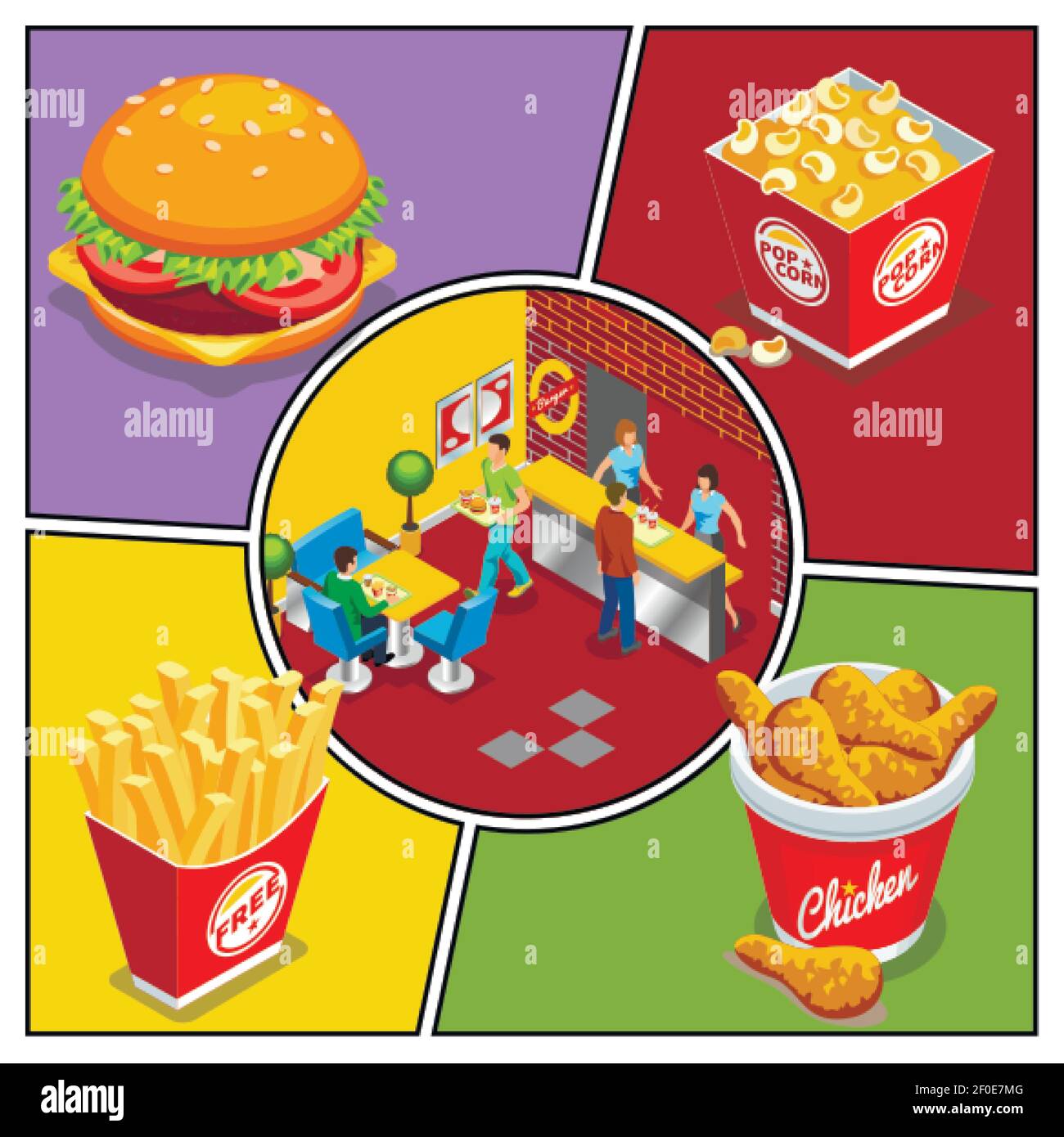 Isometrische Fast Food bunte Zusammensetzung mit Burger Popcorn Eimer Huhn Beine pommes frites Menschen essen in Fastfood Restaurant Vektor-Illustration Stock Vektor