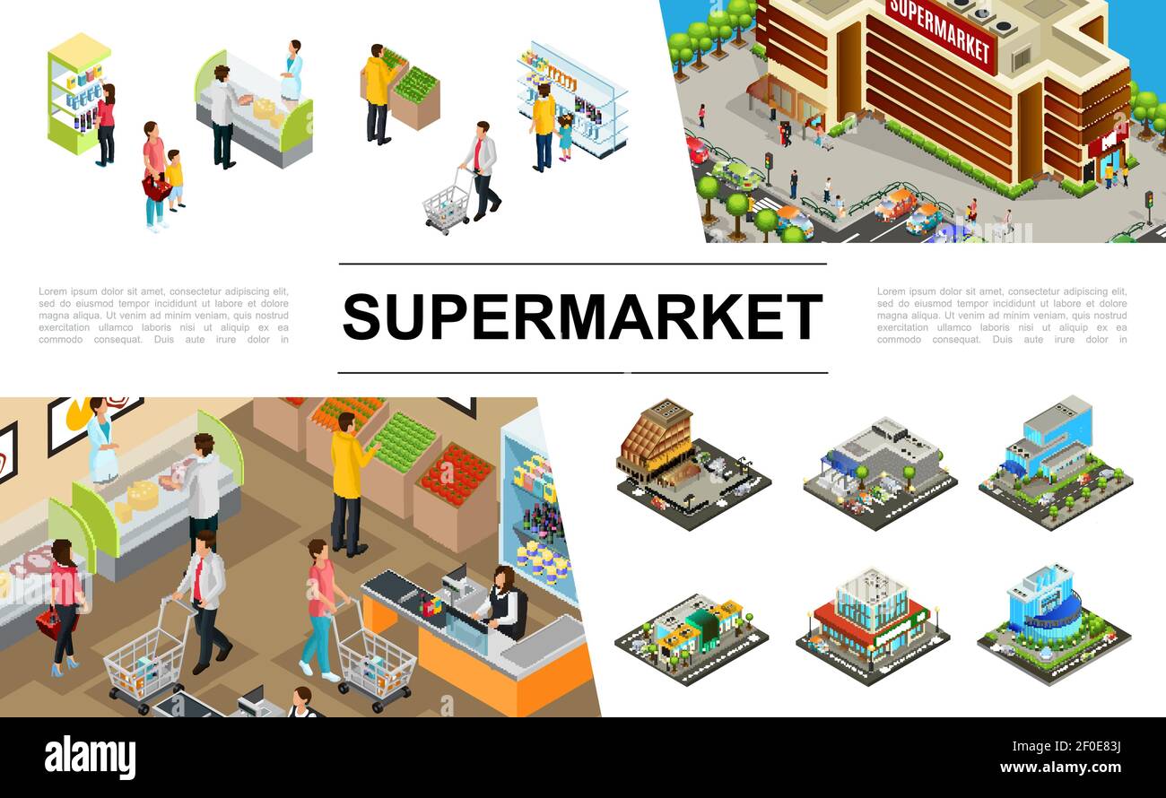 Isometrische Supermarkt Elemente Sammlung mit Einkaufszentrum Gebäude Außenparkplätze Autos Menschen kaufen verschiedene Produkte Vektor-Illustration Stock Vektor