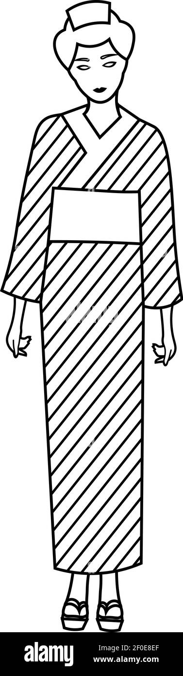 Einfache skizzieren Cartoon japanische Frau in gestreiften Yukata oder Kimono Stock Vektor Einfache skizzieren Cartoon japanische Frau in gestreiften Yukata oder Kimono Stock Vektor