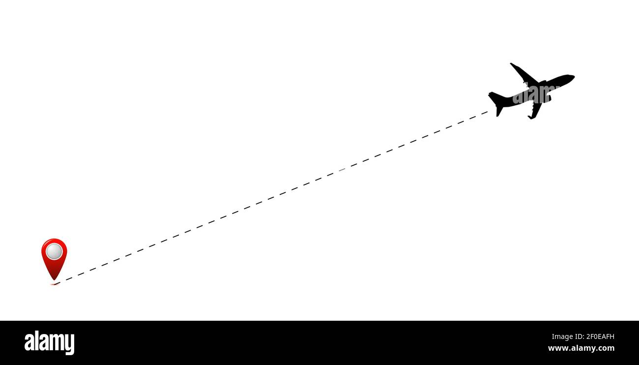 Die Flugbahn des Flugzeugs vom Abflugort wird durch eine gepunktete Linie angezeigt. Vektorgrafik flach. Stock Vektor