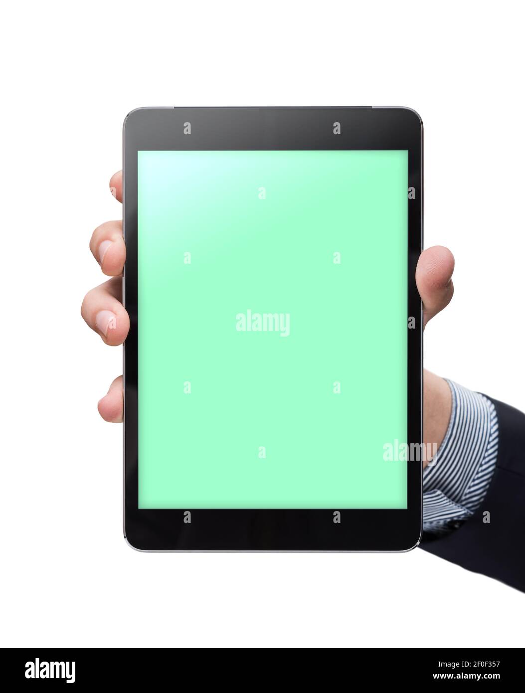 Mockup Tablet pc in der Hand auf weißem Hintergrund Stockfoto