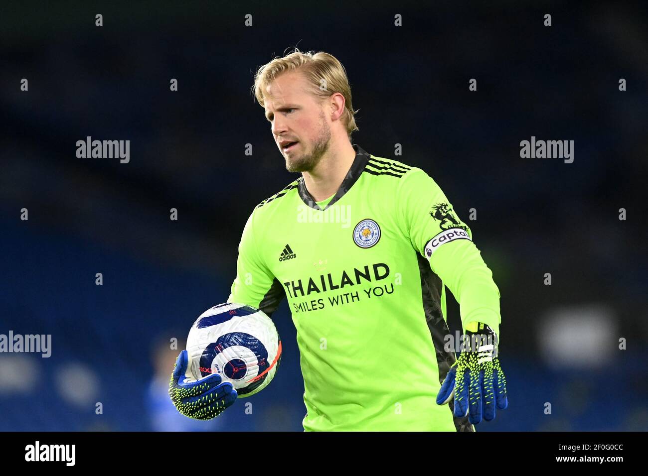 Leicester City Torwart Kasper Schmeichel während des Premier League Spiels im American Express Community Stadium, Brighton. Bilddatum: Samstag, 6. März 2021. Stockfoto