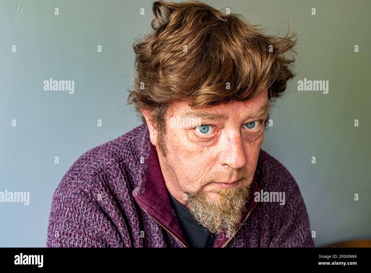 Tilburg, Niederlande. Reifer erwachsener Mann mit einem Corona Style Hairdue. Studio Porträt. Stockfoto