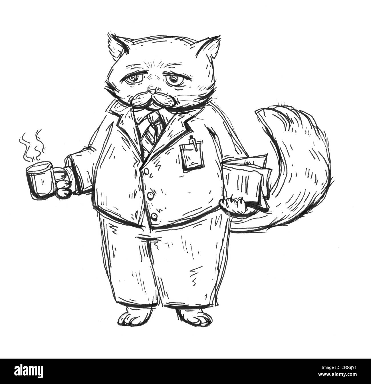 Disgrunled Katze Geschäftsmann gekleidet in Anzug und hält Glas mit Kaffee. Vintage monochrom Schraffierung Illustration isoliert auf weißem Hintergrund. Hand Stockfoto
