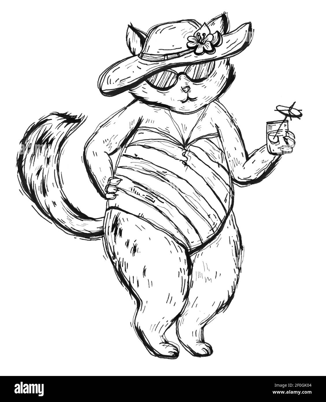 Katze gekleidet in Badeanzug, Strandhut, Brille und hält Cocktail mit Regenschirm. Vintage monochrom Schraffierung Illustration isoliert auf weißem Hintergrund. Stockfoto