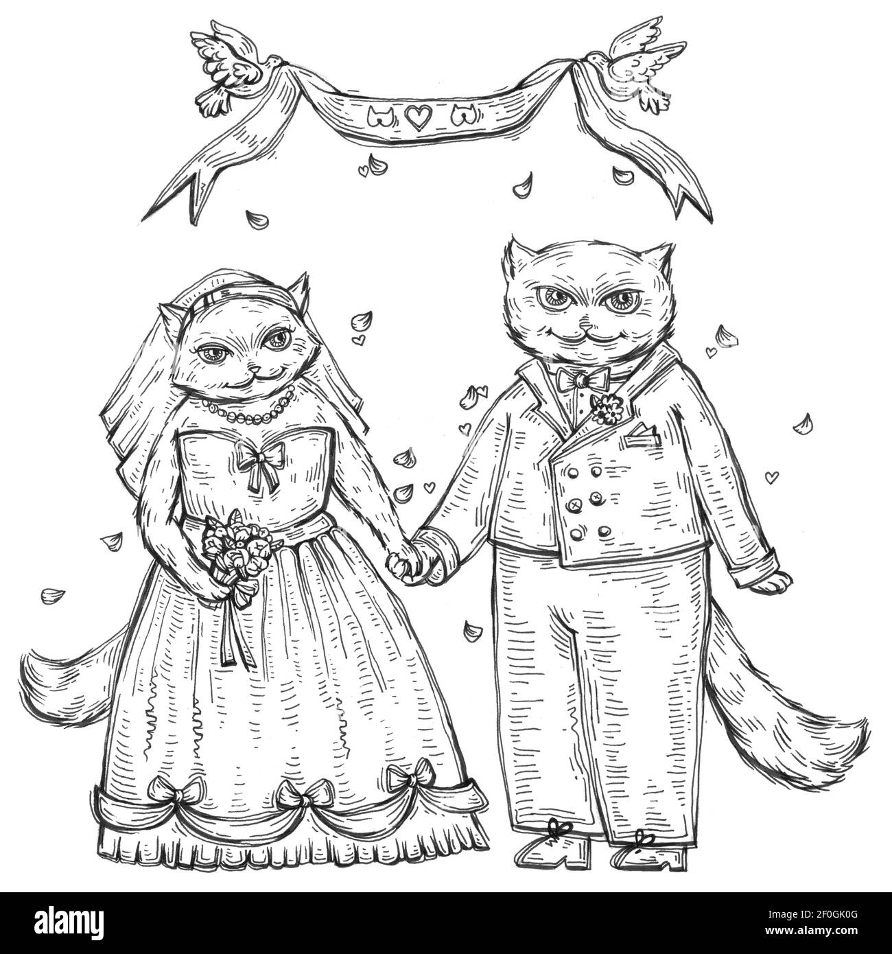 Hochzeitspaar Katze. Vintage monochrom Schraffierung Illustration isoliert auf weißem Hintergrund. Handgezeichnetes Design-Element für T-Shirt Stockfoto