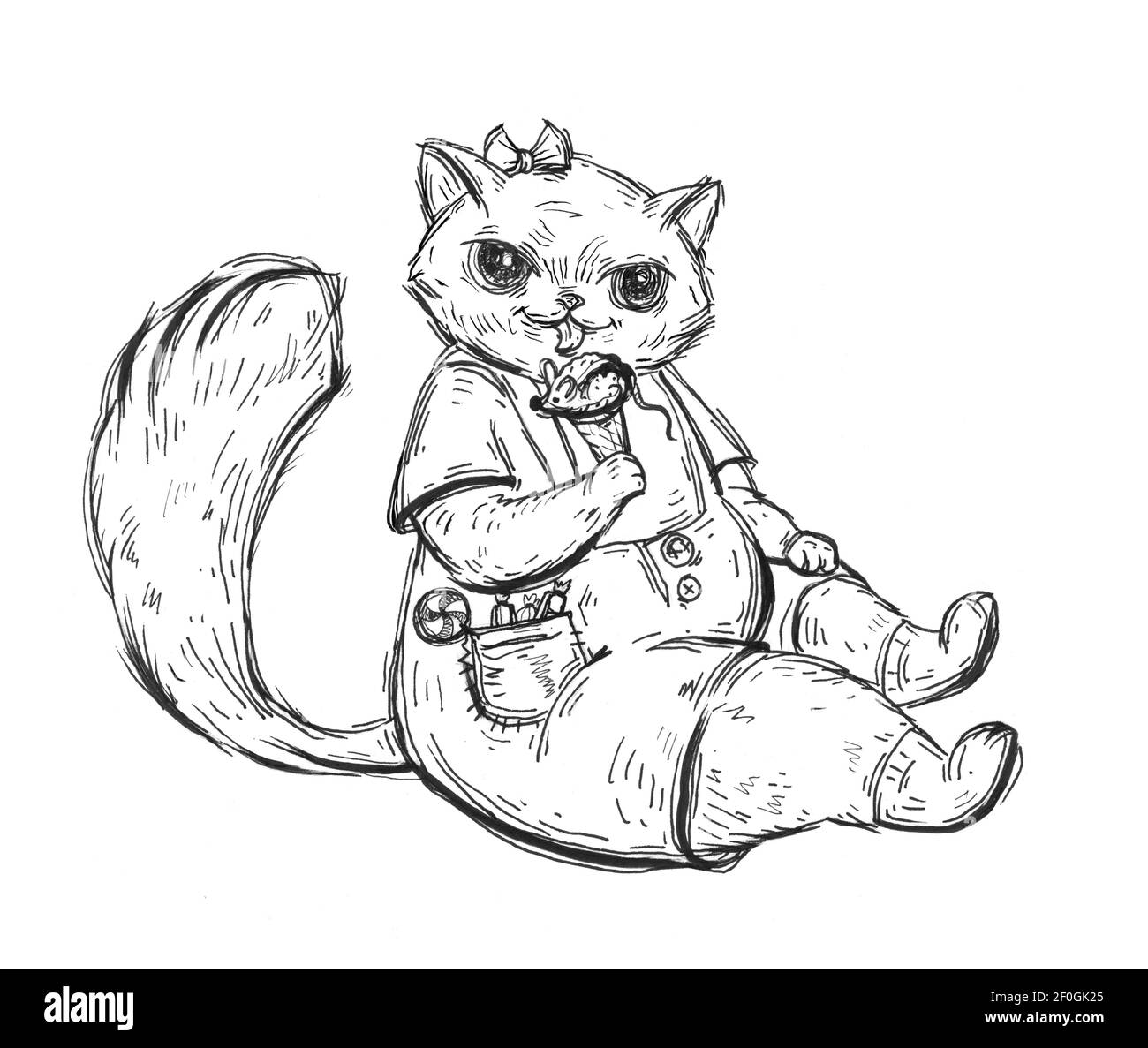 Kätzchen sitzt in Overalls und isst Eis in Form einer Maus. Vintage monochrom Schraffierung Illustration isoliert auf weißem Hintergrund. Hand Stockfoto