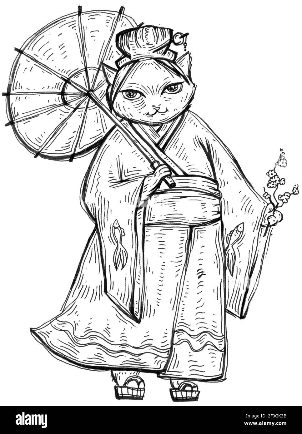 Katze in Kimono mit Regenschirm gekleidet. Vintage monochrom Schraffierung Illustration isoliert auf weißem Hintergrund. Handgezeichnetes Design für T-Shirt Stockfoto