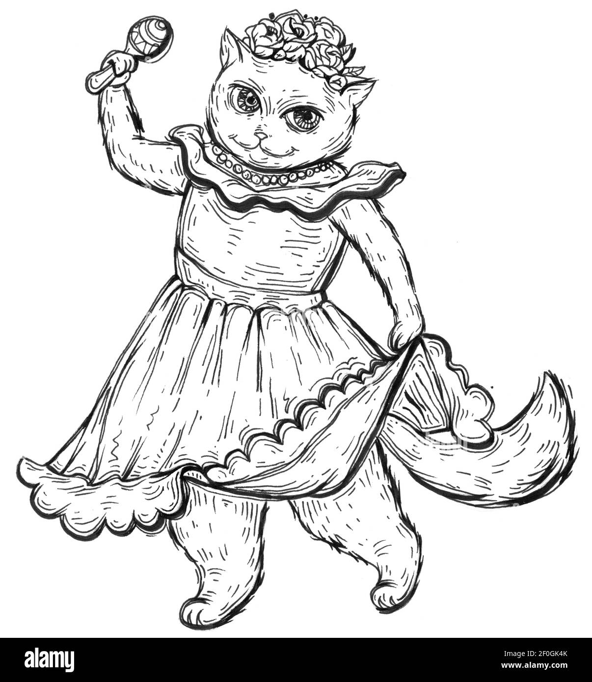 Katze hält eine Maraca und trägt nationale mexikanische Kleidung. Vintage monochrom Schraffierung Illustration isoliert auf weißem Hintergrund. Handgezeichnetes Design Stockfoto Katze hält eine Maraca und trägt nationale mexikanische Kleidung. Vintage monochrom Schraffierung Illustration isoliert auf weißem Hintergrund. Handgezeichnetes Design Stockfoto