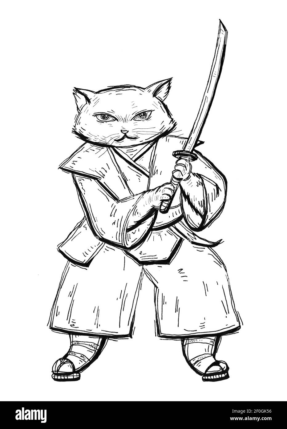 Katze hält Samurai Schwert und in Japan Kimono und Sandalen gekleidet. Vintage schwarze Gravur Illustration. Isoliert auf weißem Hintergrund. Von Hand gezeichnet Stockfoto