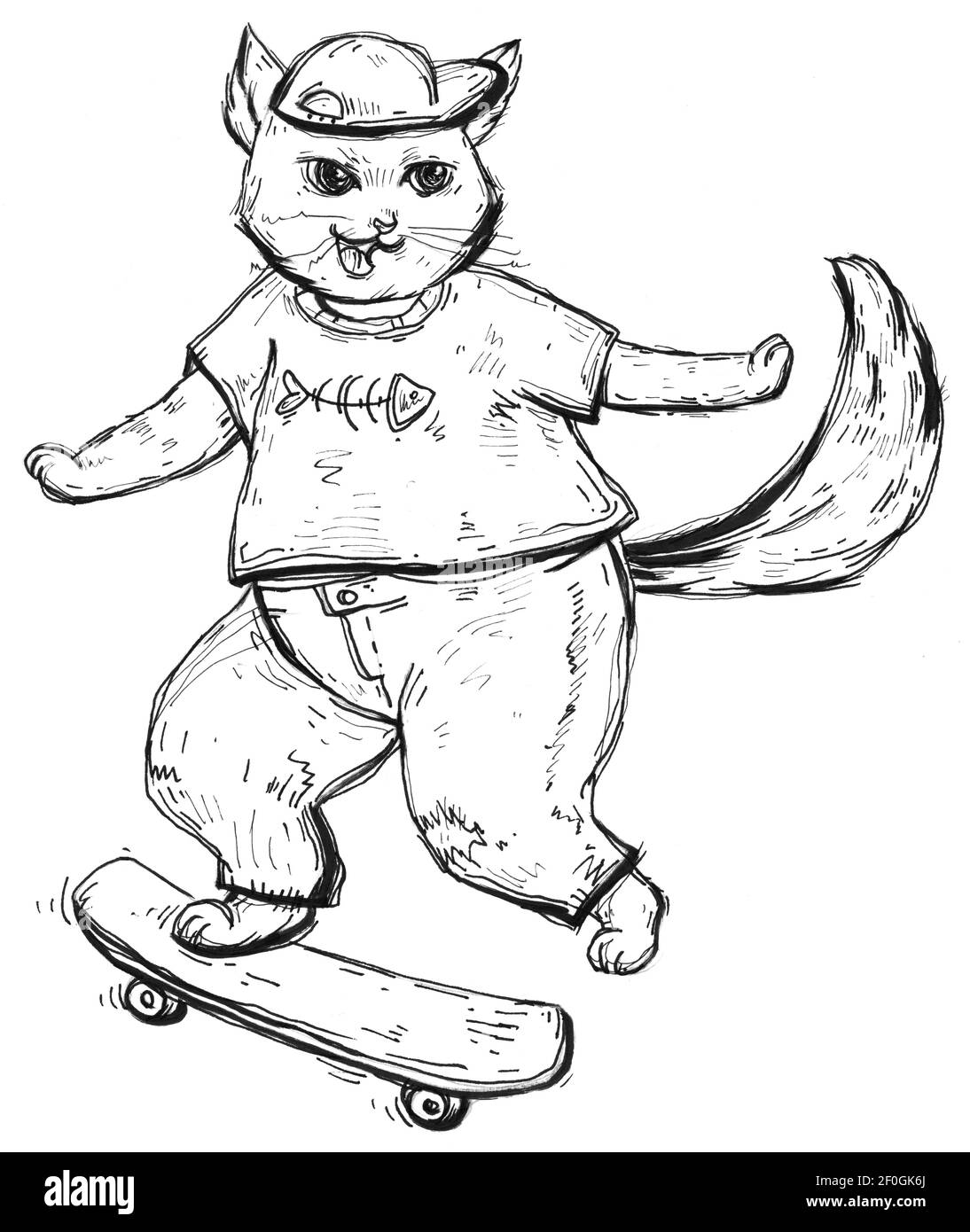 Katze in T-Shirt und Mütze gekleidet fährt ein Skateboard. Vintage monochrom Schraffierung Illustration isoliert auf weißem Hintergrund. Handgezeichnetes Design elemen Stockfoto