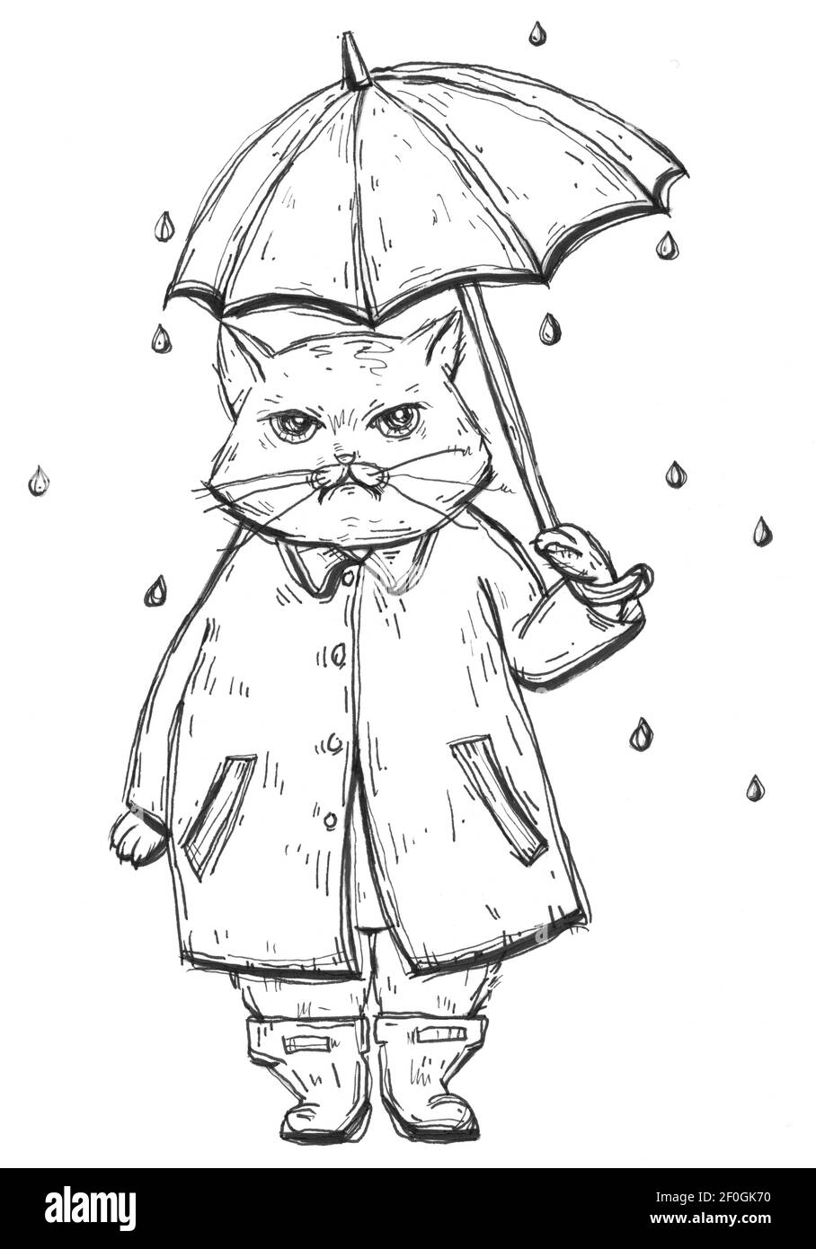 Verärgerte Katze in Regenmantel unter dem Regenschirm im Regen gekleidet. Vintage monochrom Schraffierung Illustration isoliert auf weißem Hintergrund. Handgezogenes d Stockfoto