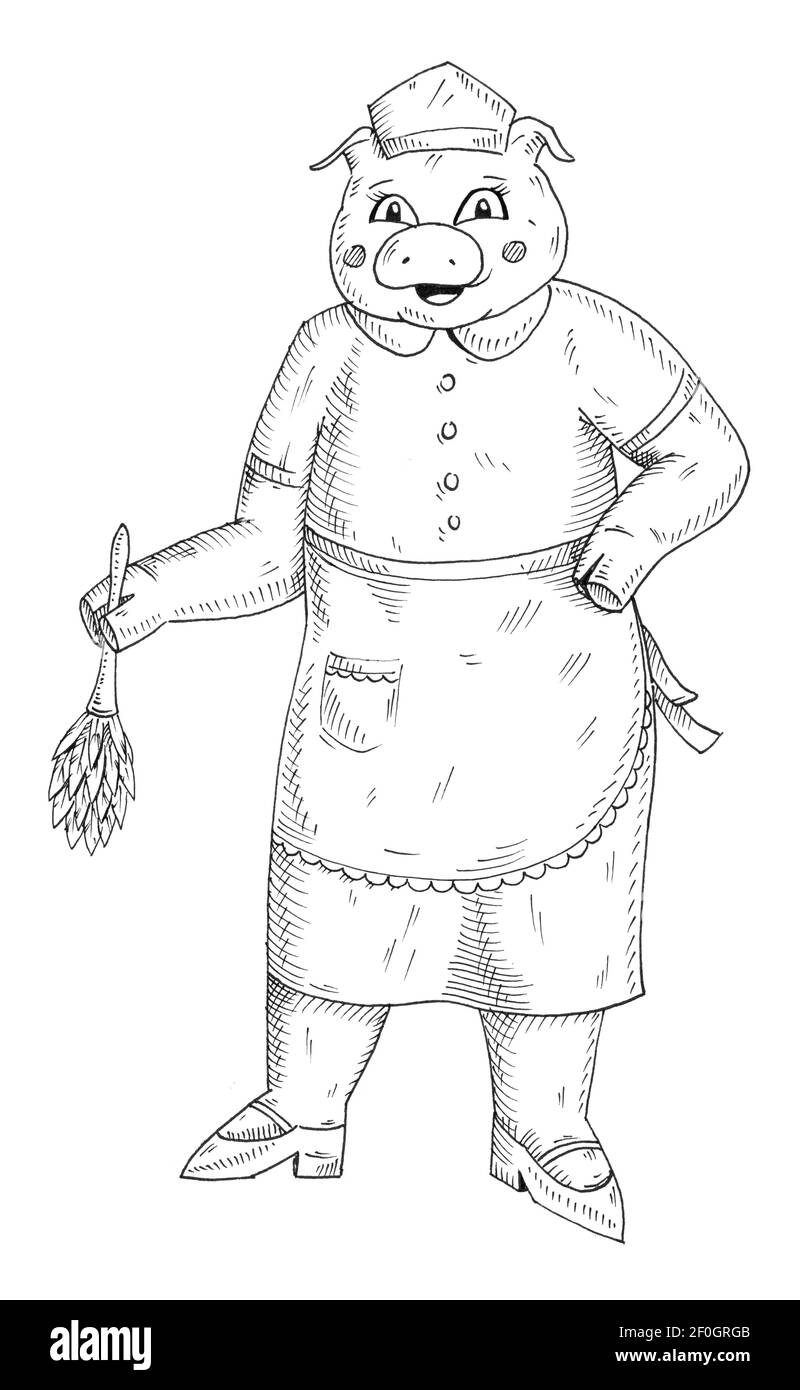 Schwein ist in ein Dienstmädchen-Kostüm gekleidet und wischt den Staub ab. Vintage monochrom Schraffierung Illustration isoliert auf weißem Hintergrund. Handgezeichnetes Design für T-sh Stockfoto