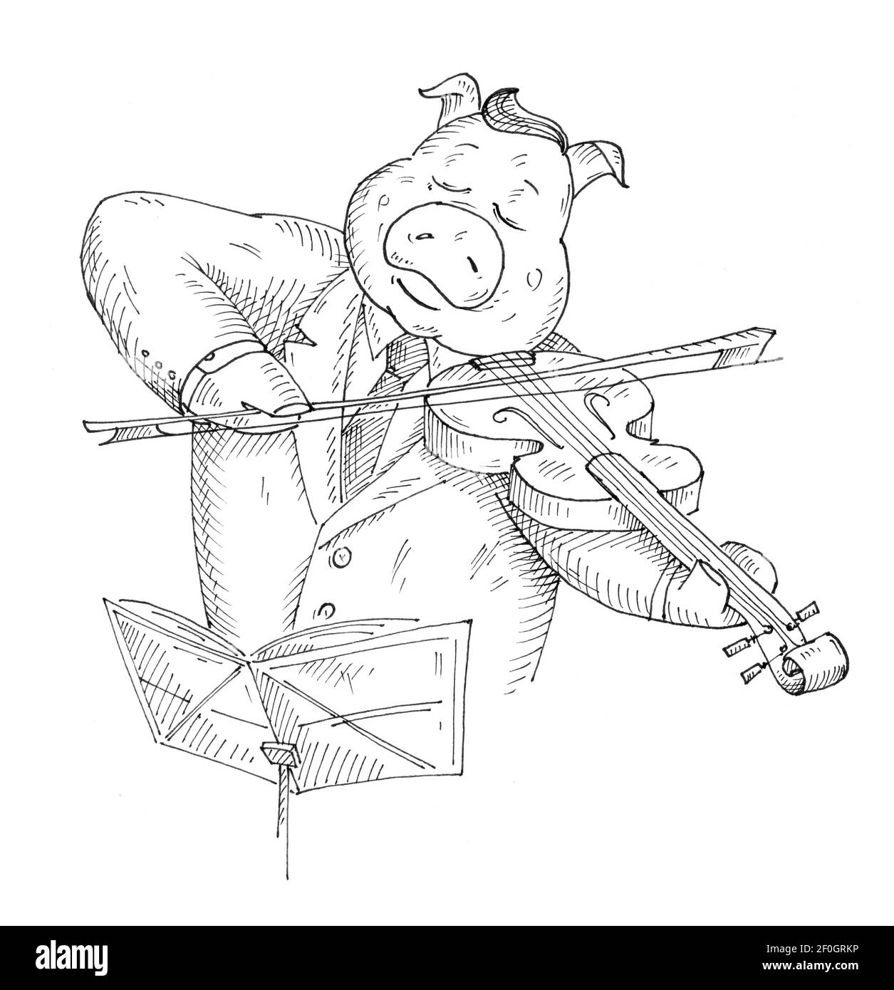 Schwein spielt die Geige. Vintage monochrom Schraffierung Illustration isoliert auf weißem Hintergrund. Handgezeichnetes Design-Element für T-Shirt Stockfoto