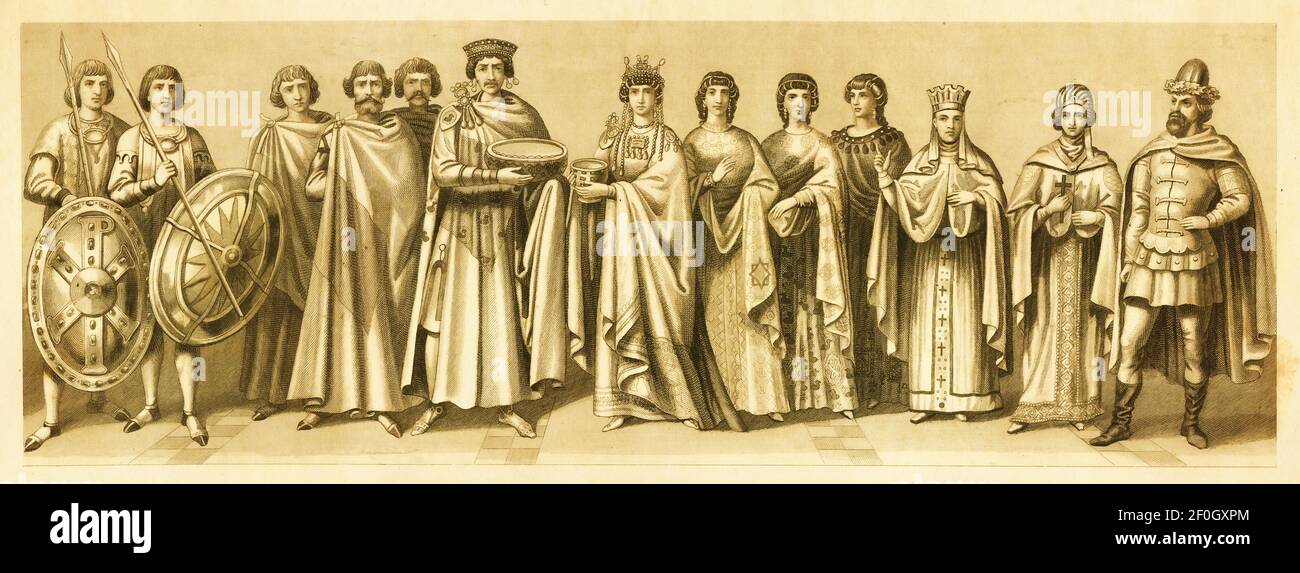 Illustration byzantinischer und osteuropäischer Kostüme aus dem 19. Jahrhundert. Von links nach rechts: 1,2,3 - Kaiser Justinian I. mit Gefolge, 4,5 - Kaiserin Stockfoto