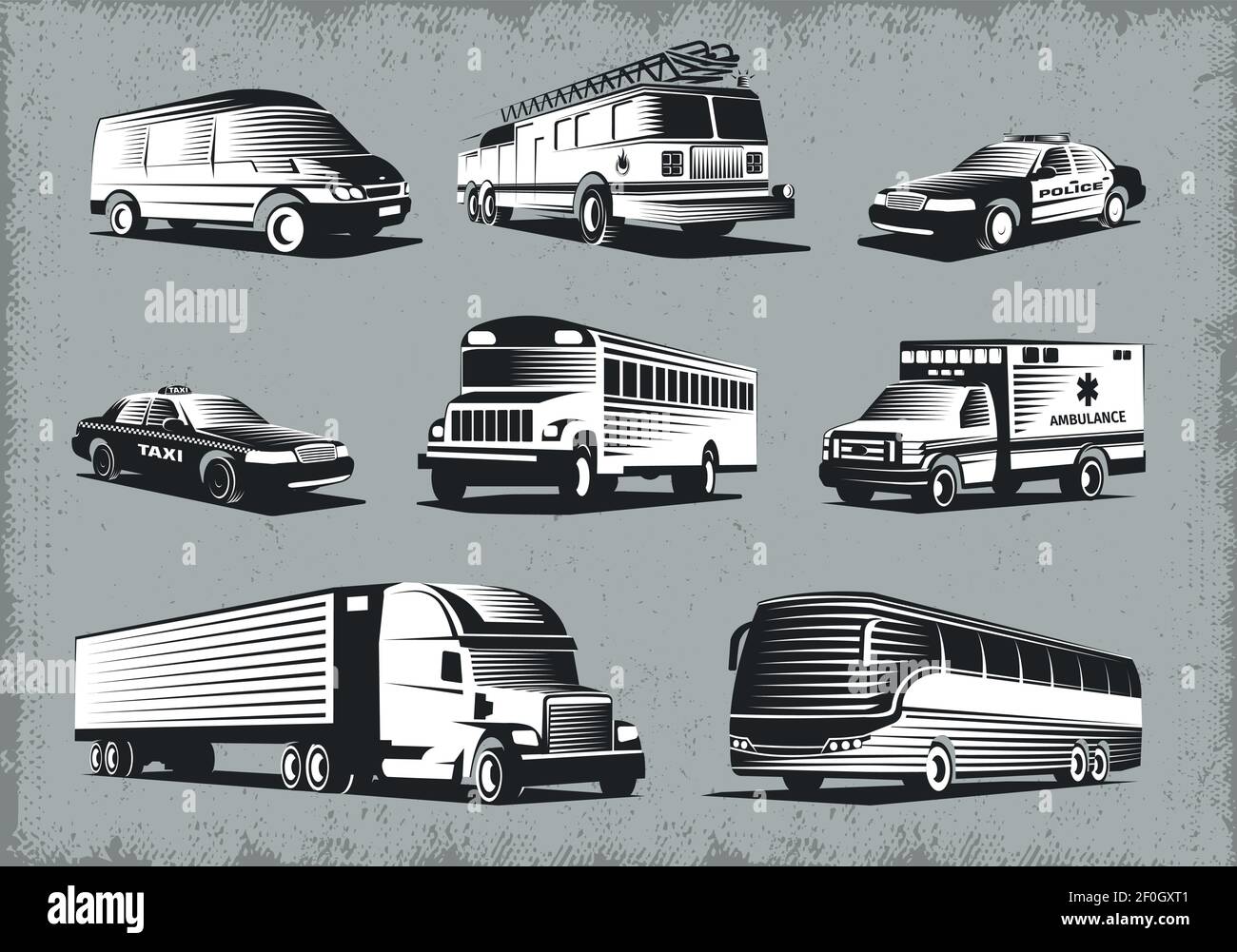 Moderne öffentliche und Notfall-Transport Retro-Stil Bilder mit eingestellt Verschiedene Fahrzeugtypen auf Grunge Hintergrund Vektorgrafik Stock Vektor