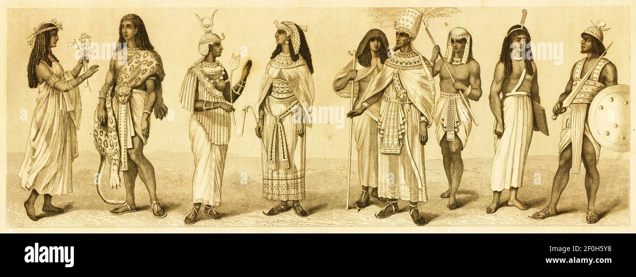 Antike Illustration von Kostümen aus dem alten Ägypten. Von links nach rechts: 1 - Priesterin, 2 - Priester, 3 - äthiopische Königin, 4 - Königin, 5 - Courtier, 6 - Stockfoto