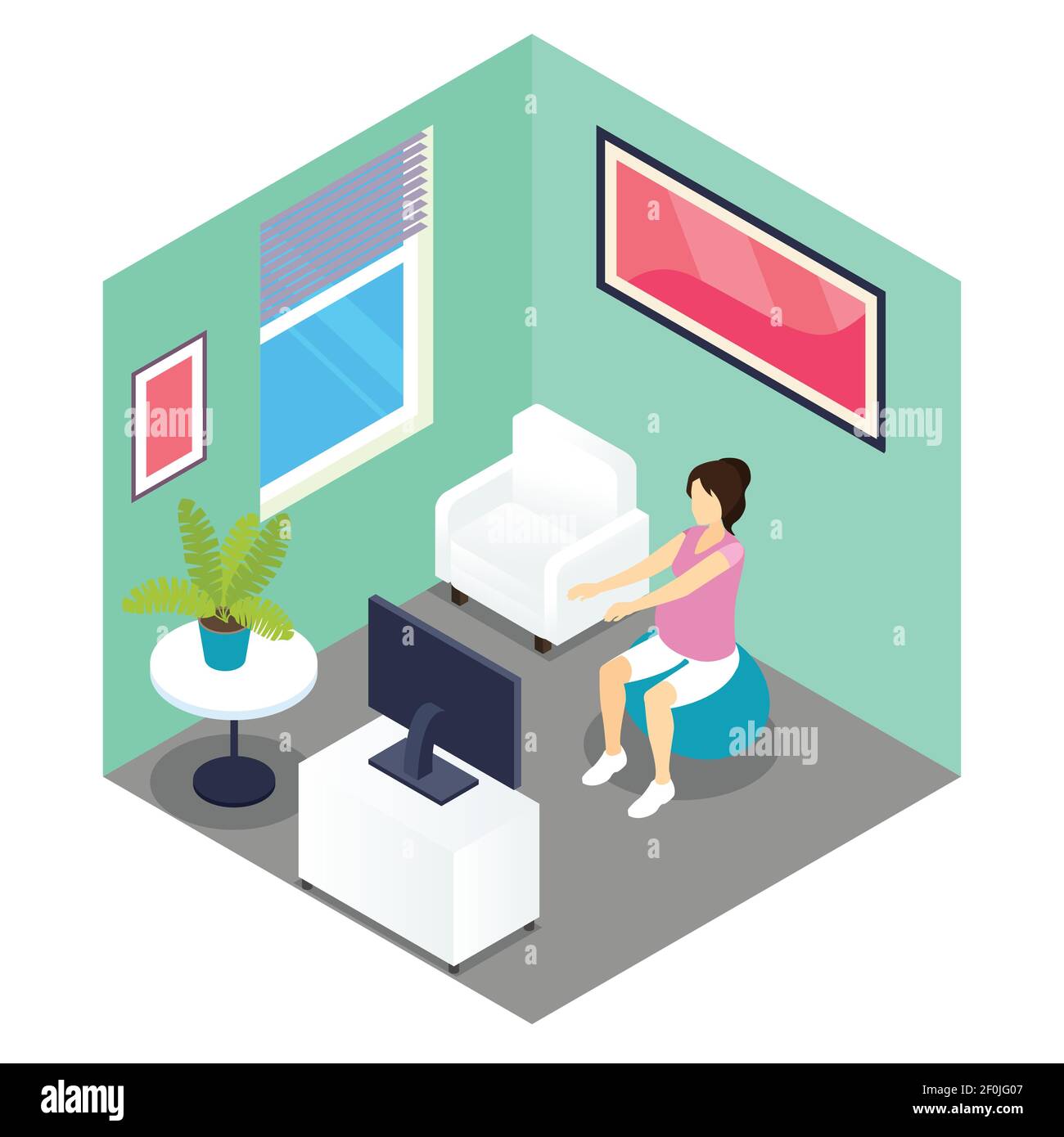Fitness und Schwangerschaft isometrisches Design mit Frau macht Übungen auf Ball in grau grün Raum Vektor-Illustration Stock Vektor
