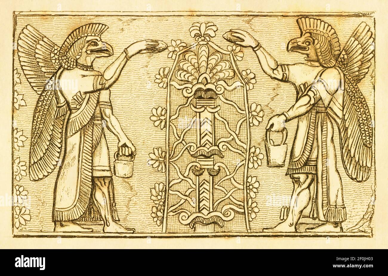 19. Jahrhundert Illustration von Nisroch und dem heiligen Baum. Veröffentlicht in Systematischer Bilder-Atlas zum Conversations-Lexikon, Ikonographische Encyklop Stockfoto