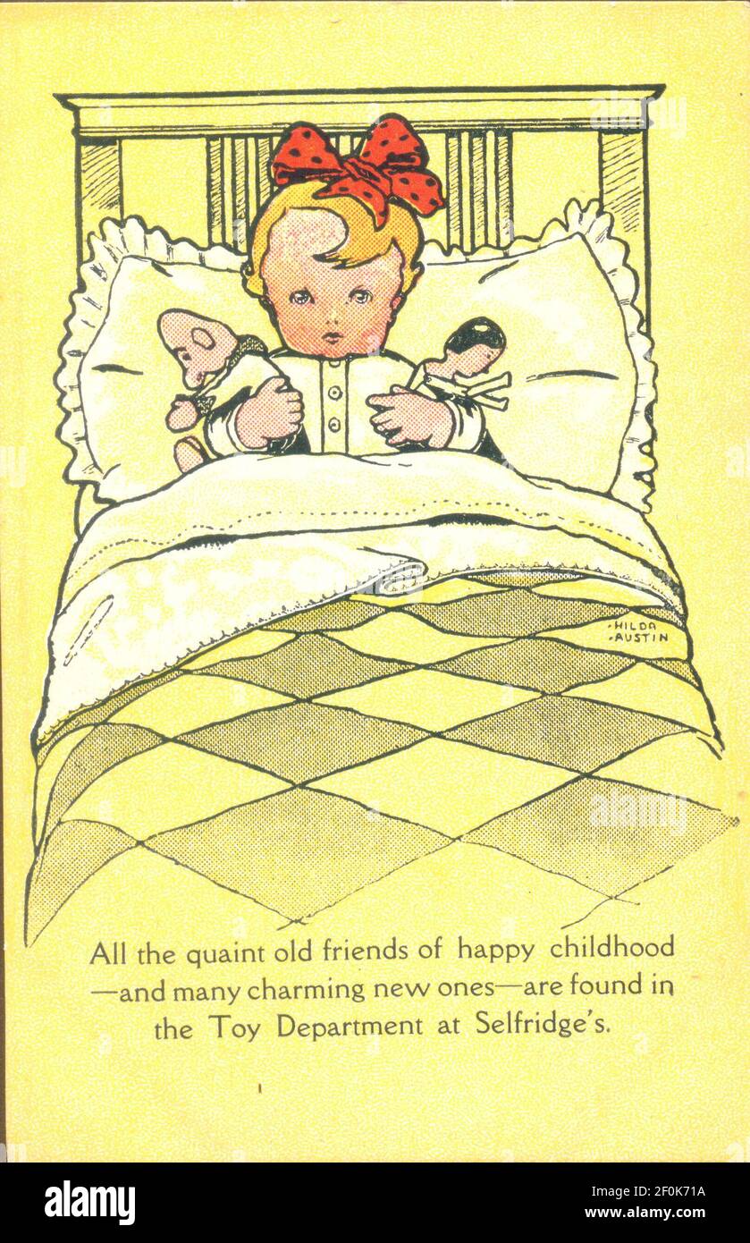 Werbepostkarte für die Spielzeugabteilung bei Selfridge's Showkind Im Bett mit ihren Spielsachen 1912 Stockfoto