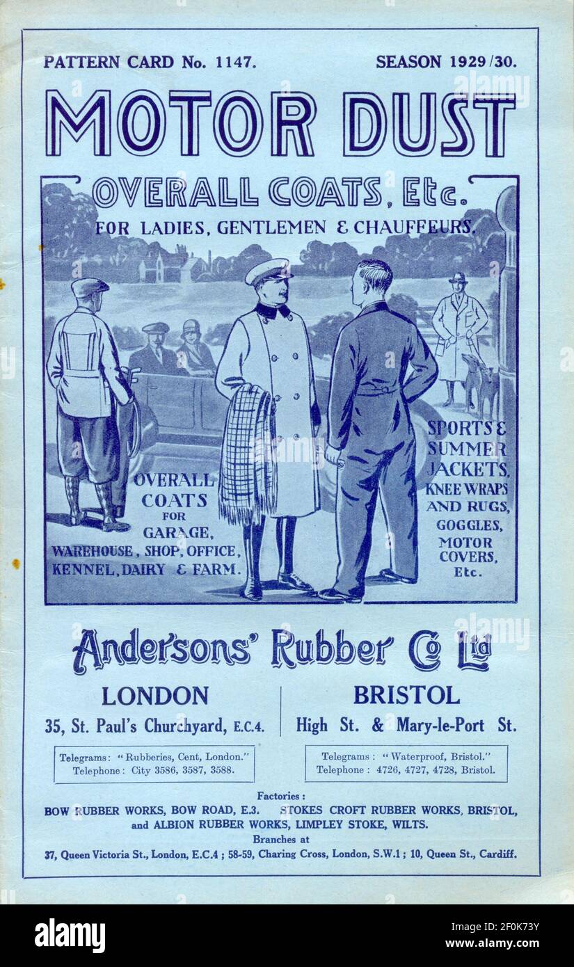 Musterkarte Nr. 1147 für Motorstaub Overall Coats etc. Für Damen, Herren & Chauffeurs von Andersons' Rubber Co., Ltd., London und Bristol Season 1929/30 Stockfoto