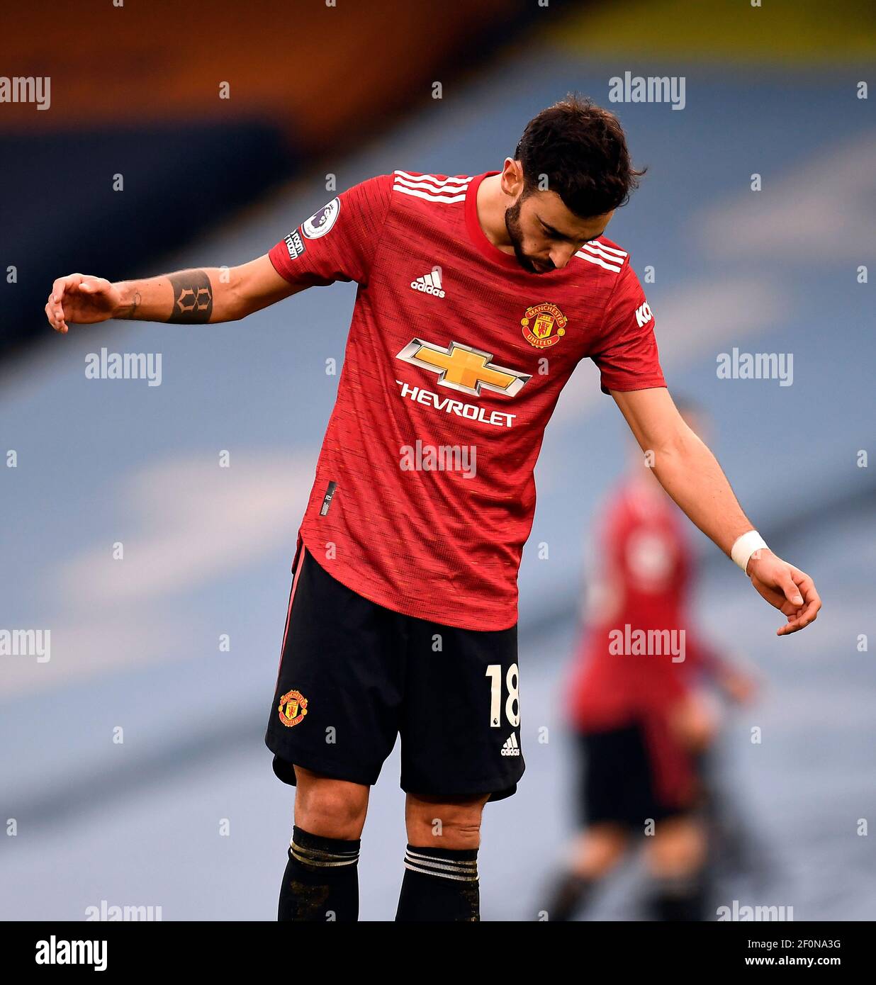 Bruno Fernandes von Manchester United reagiert während des Spiels in der Premier League im Etihad Stadium in Manchester. Bilddatum: Sonntag, 7. März 2021. Stockfoto