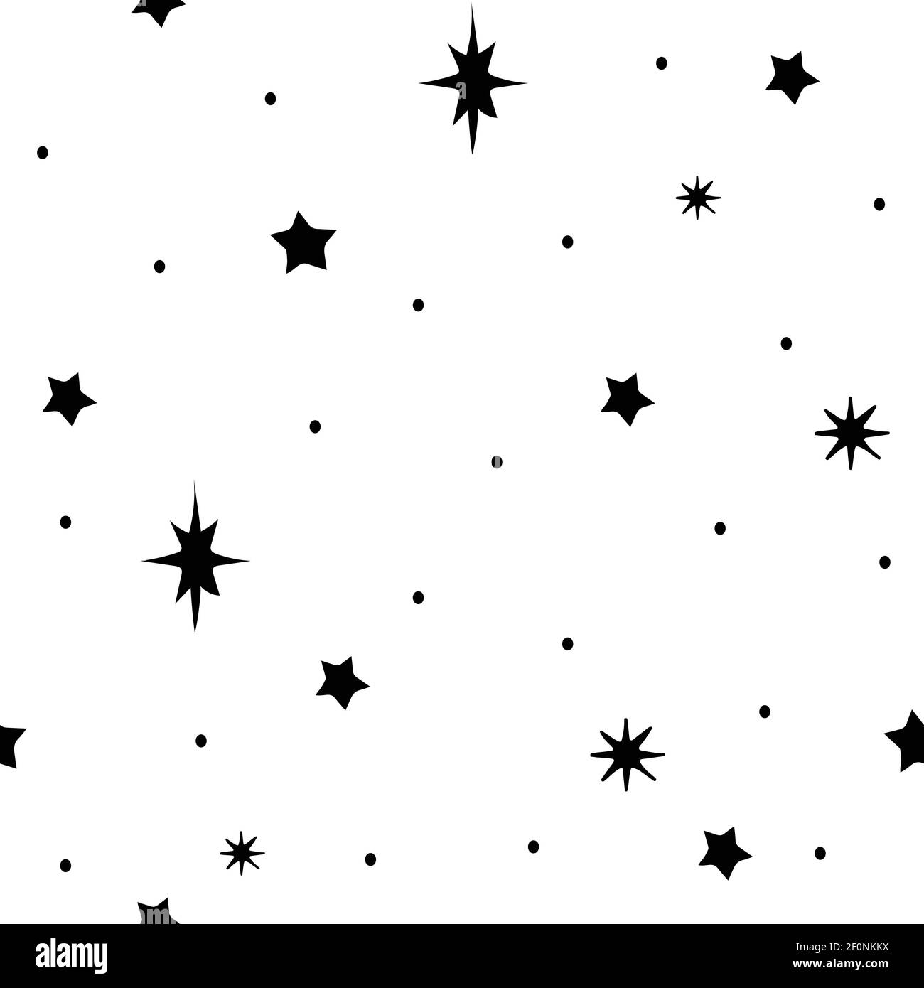 Nahtloses Vektor-Muster mit schwarzen Sternen auf weißem Hintergrund. Einfache Raum Tapete Design. Stock Vektor