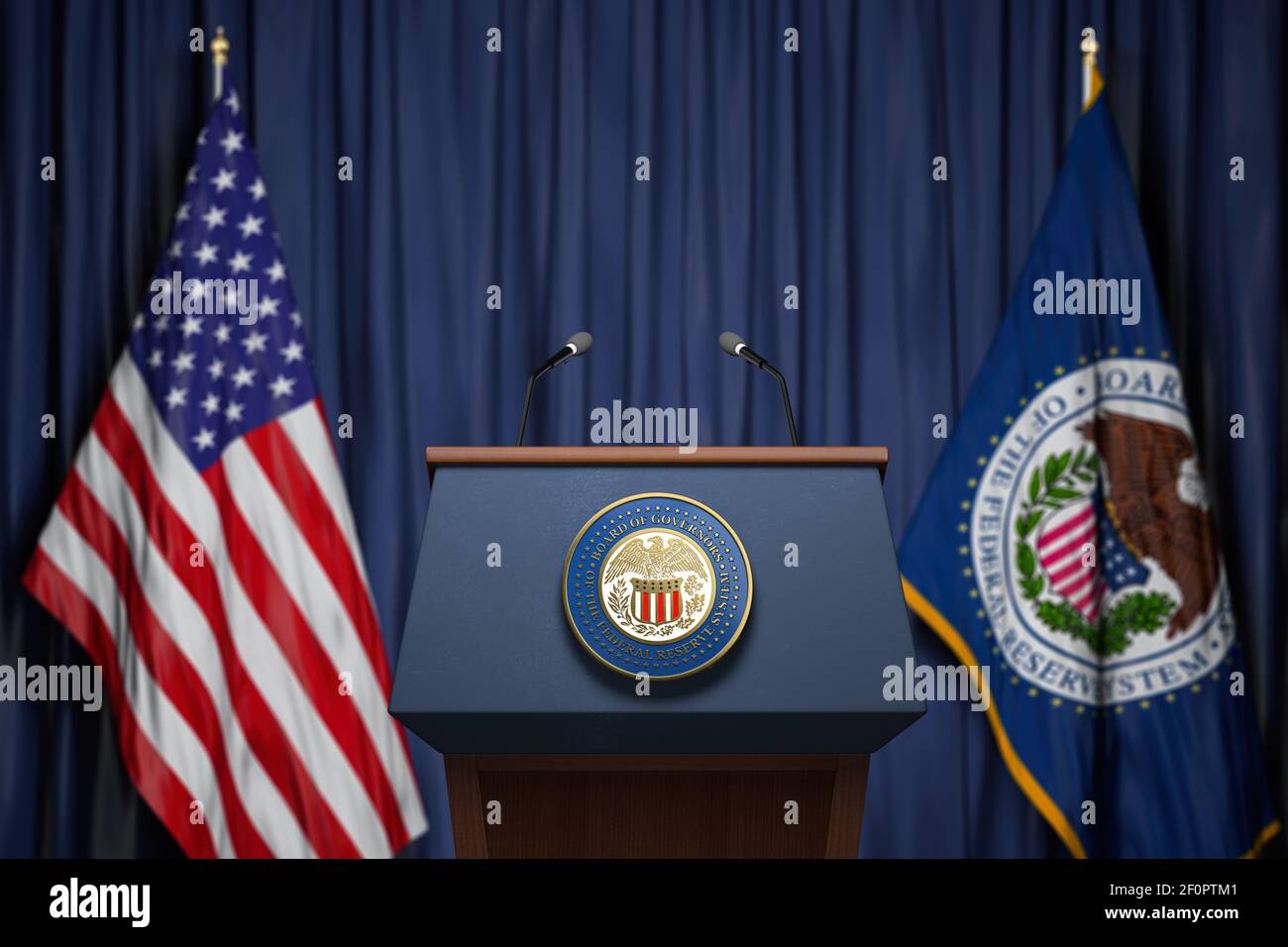 Federal Reserve System Fed of USA Chairman Pressekonferenz Konzept. Tribüne mit Symbol und Flagge von FRS und Vereinigte Staaten. 3D Abbildung Stockfoto