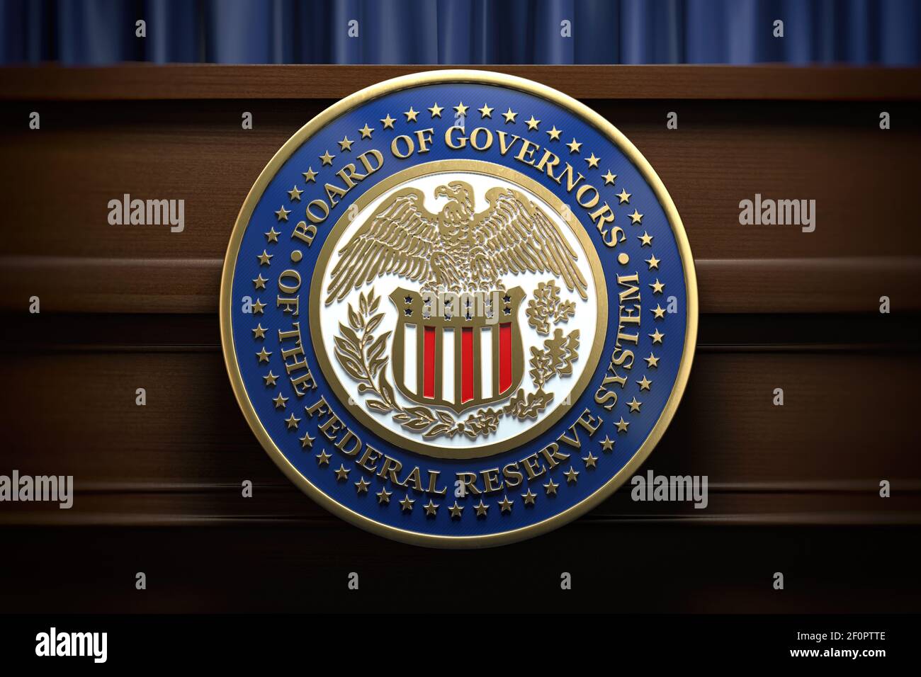 Federal Reserve System Fed Zeichen und Symbol auf Tribüne in der Pressekonferenzhalle. 3D Abbildung Stockfoto