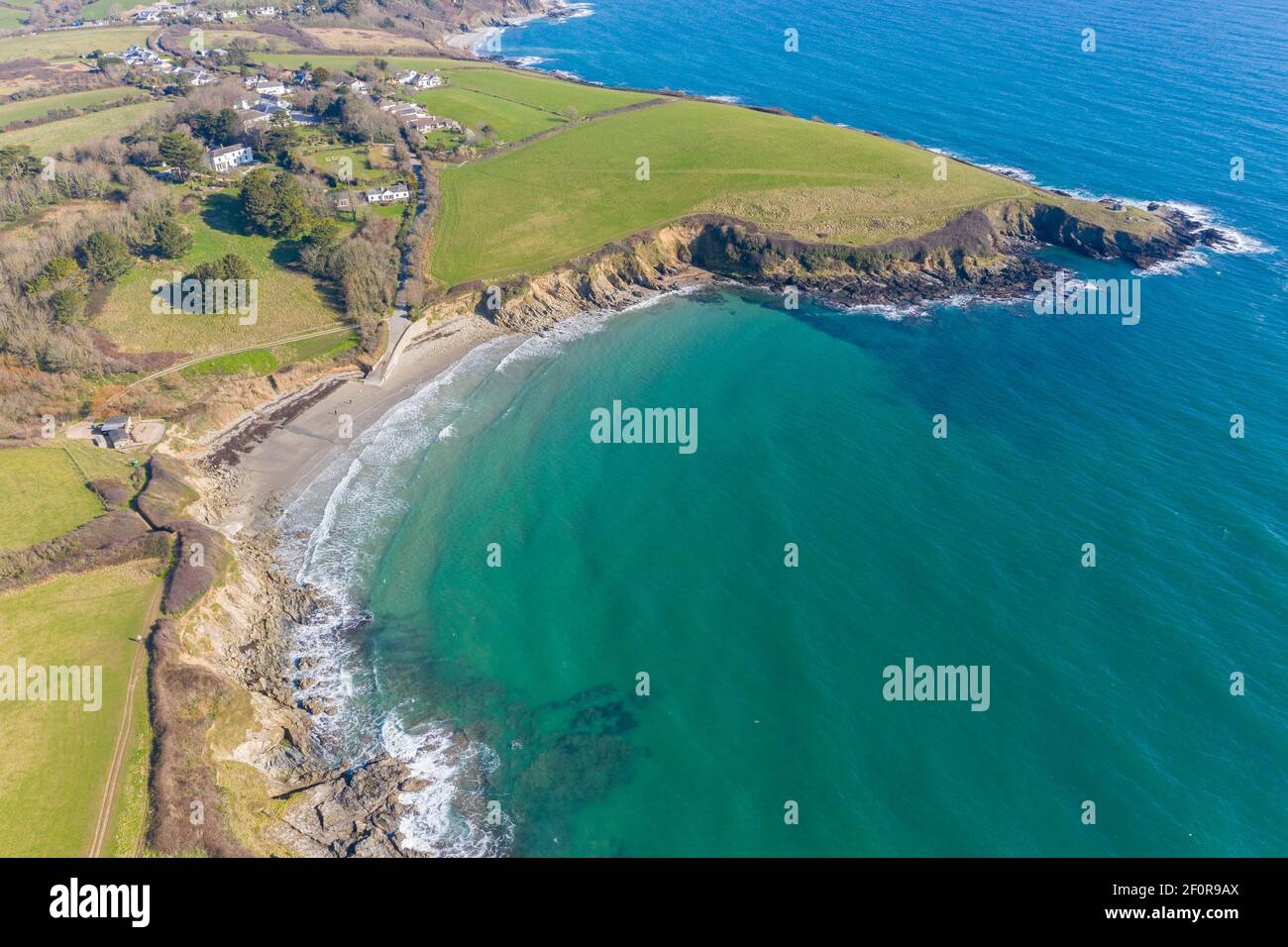 Luftaufnahme in der Nähe von Portscatho, Roseland, in der Nähe von Truro, Cornwall, England Stockfoto