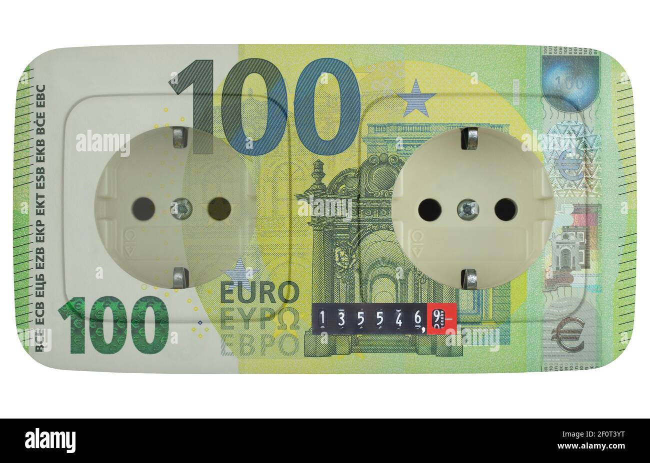 Symbolisches Bild hoher Strompreis, Fotomontage 100-Euro-Rechnung und Stromzähler an Steckdose, Deutschland Stockfoto