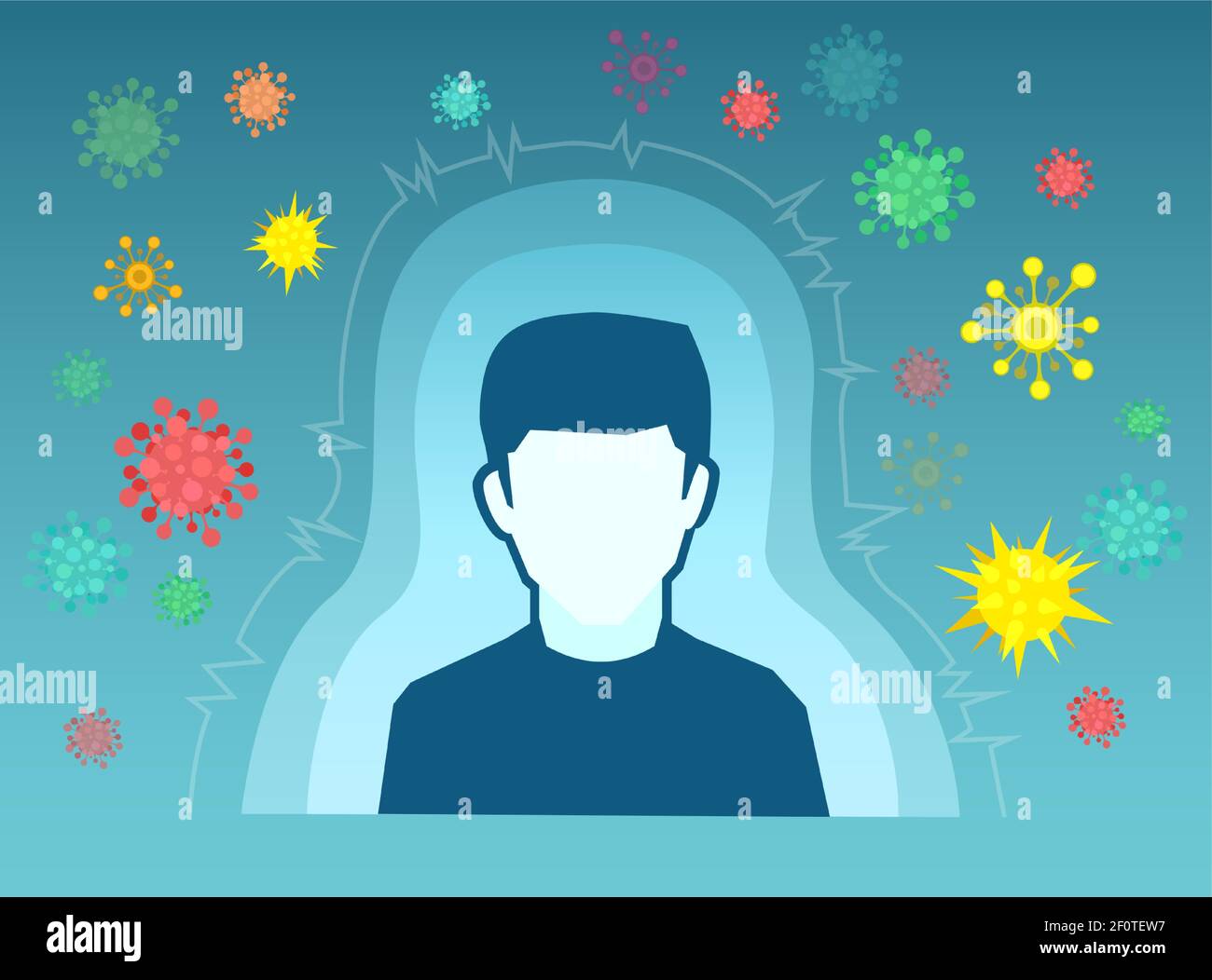 Konzept des menschlichen Immunsystems. Vektor eines Mannes mit Immunität und Antikörpern gegen Mikroben und Viren Stock Vektor