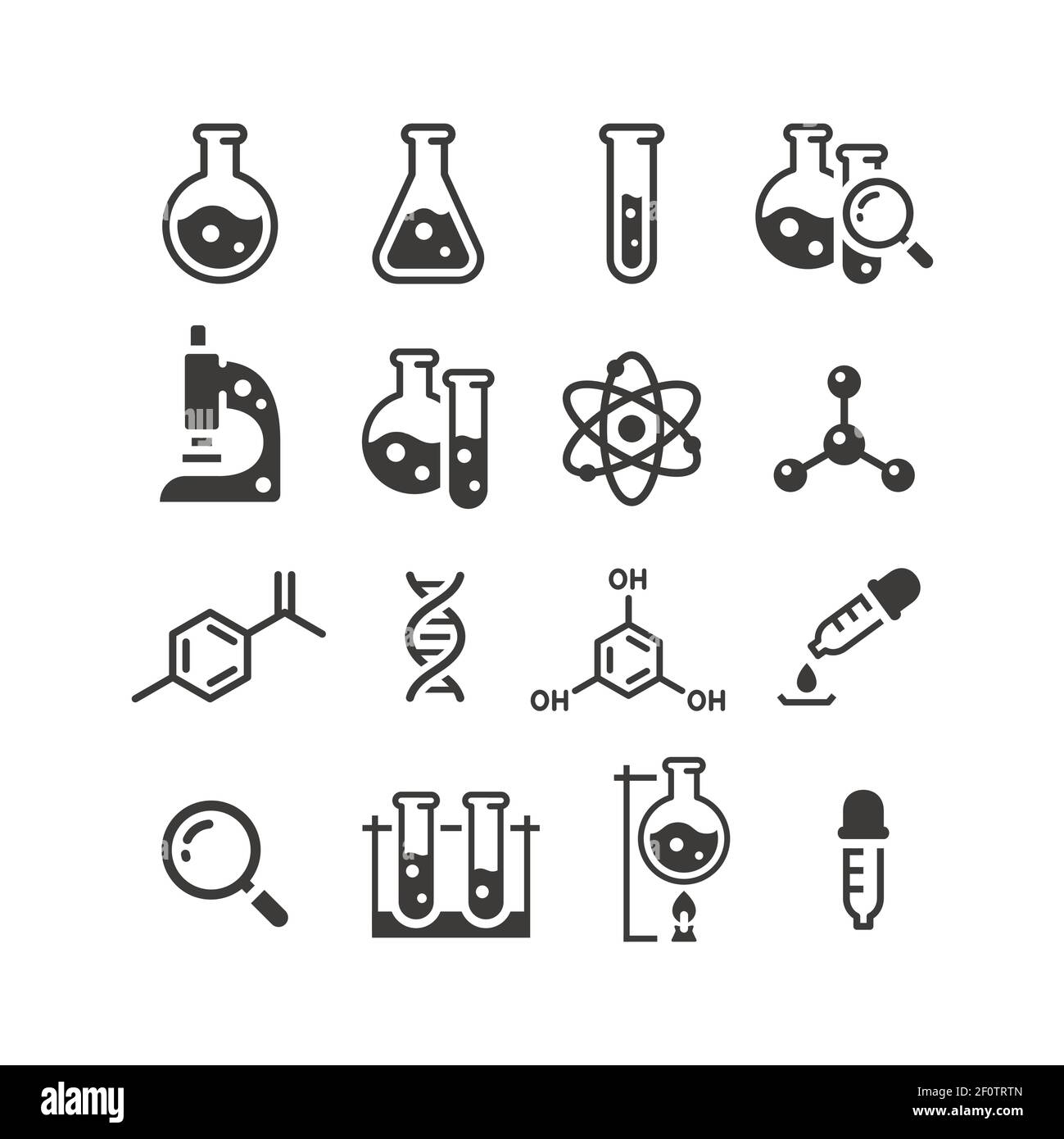 Schwarzer Vektor-Symbolsatz für Chemie und Wissenschaft. Reagenzgläser, Mikroskop, Atom- und Molekülsymbole. Stock Vektor