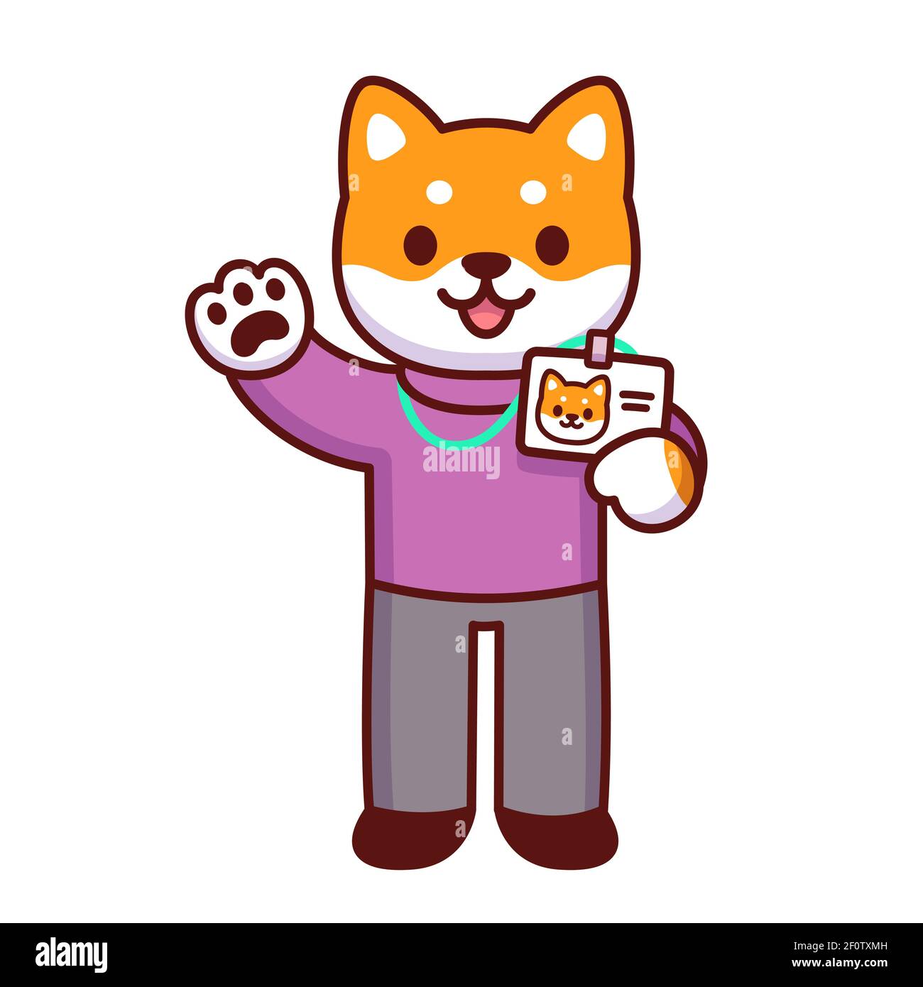 Cute Cartoon Hund Charakter hält id-Abzeichen und winken Hallo. Neuer Mitarbeiter bei der Arbeit. Lustige Büropersonal Zeichnung, Vektor-Illustration. Stock Vektor