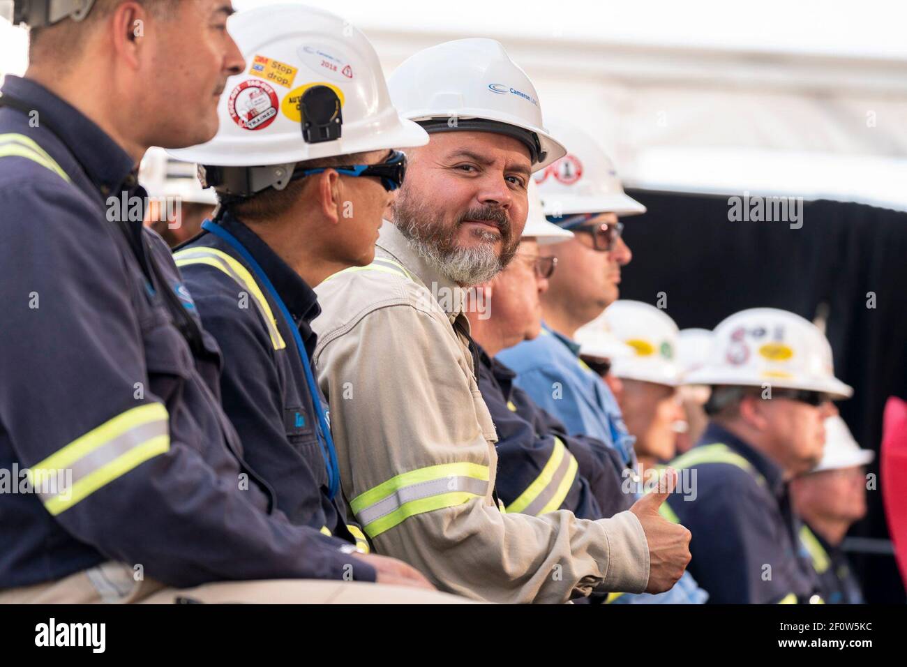 Präsident Donald Trump hält Bemerkungen zur Förderung der Energieinfrastruktur und des Wirtschaftswachstums Dienstag, den 14 2019. Mai, im Cameron LNG Export Terminal in Hackberry La. Stockfoto