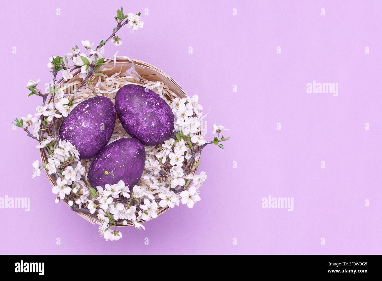Violette ostereier in einem Korb mit Blumen auf violettem Hintergrund. Horizontales Foto. Draufsicht Stockfoto