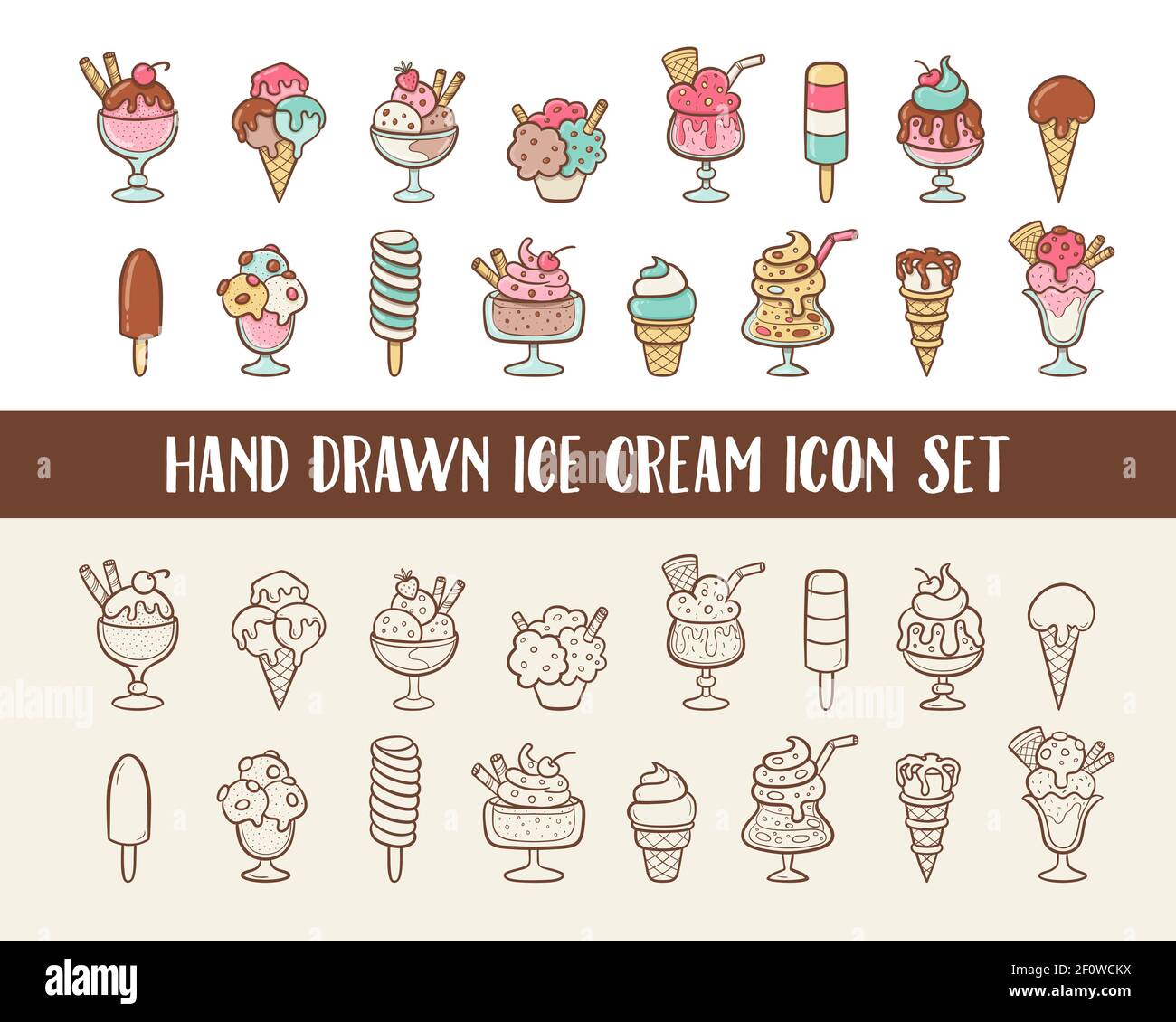 Eis Doodle Icon Set. Zapfen und Eis mit verschiedenen Geschmacksrichtungen in Cartoon-Stil. Vektorgrafik. Stock Vektor