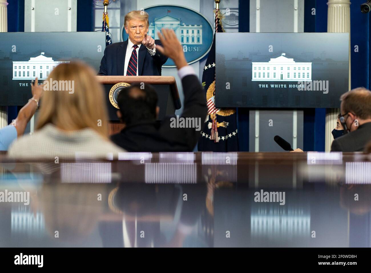 Präsident Donald Trump hält während eines COVID-19 Coronavirus-Updates am Dienstag, den 21 2020. Juli im James S. Brady White House Press Briefing Room Bemerkungen und Antworten von Pressemitgliedern. Stockfoto