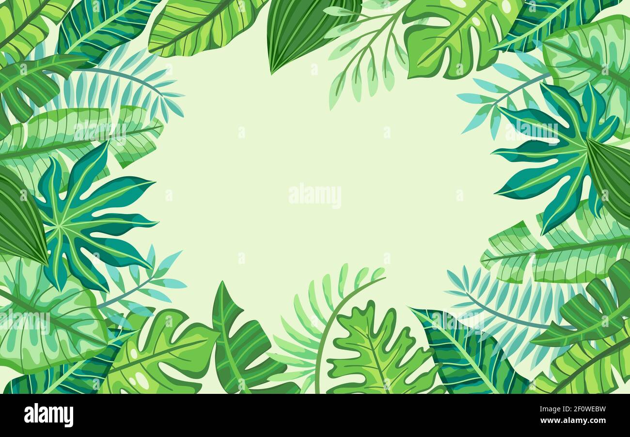 Tropisches Rahmendesign mit exotischen Pflanzen. Grüner Hintergrund mit Platz für Text. Vorlage für Grußkarten, Banner, Plakate... Stock Vektor